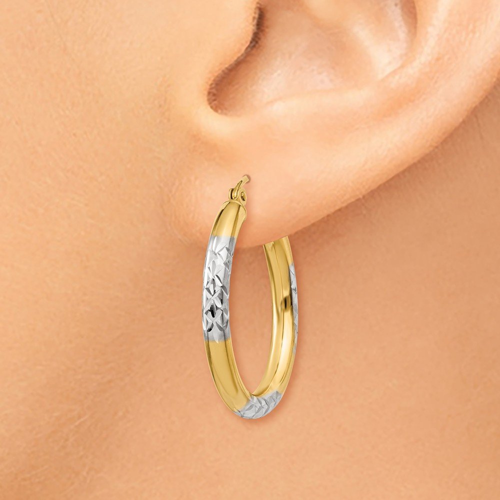14K Yellow Gold Two-Tone Diamond-Cut Hoop Earrings for Women - 3x25mm Elegant Dangle Hoops for Everyday Wear, Parties & Gifts