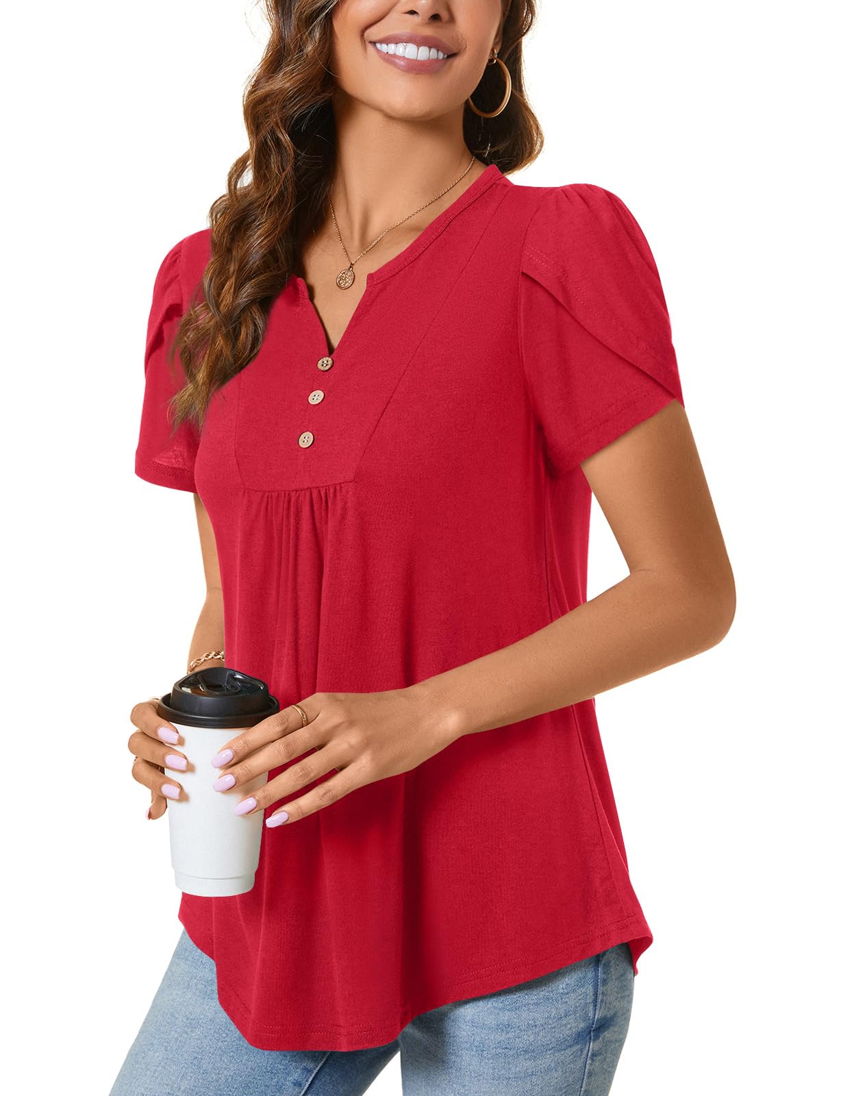 BISHUIGE Women's Casual Summer Tops - V Neck Loose Tunic Blouse with Button Detail, Ruffle Sleeves & Pleated Design | Perfect for Beach Outfits, Vacation Wear & Everyday Casual Style