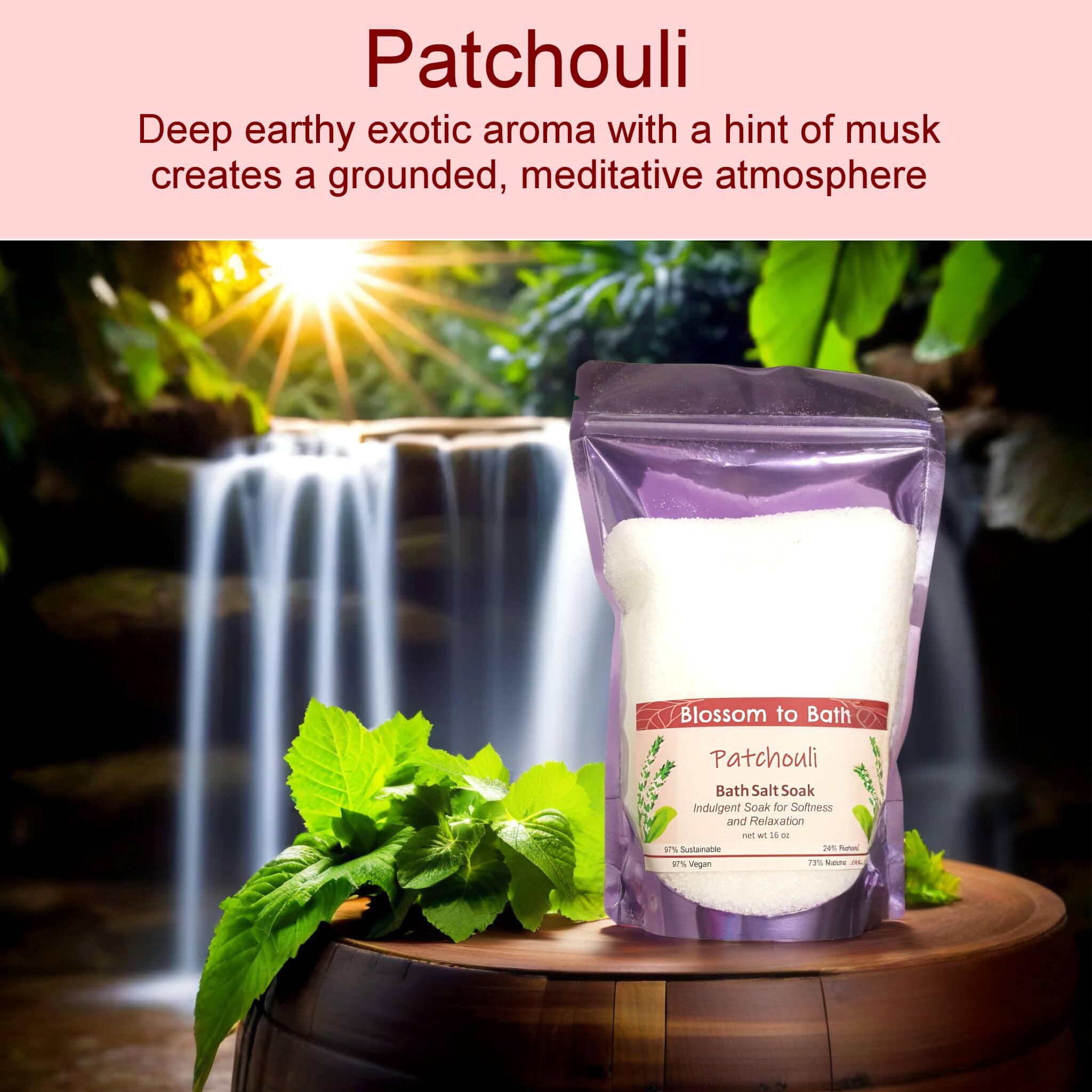 Patchouli Bath Salt Soak (16oz) - 100% Pure Essential Oil Fragrance for Relaxation & Stress Relief - Woodsy Aromatherapy Soak for Spa, Self-Care & Gift Giving