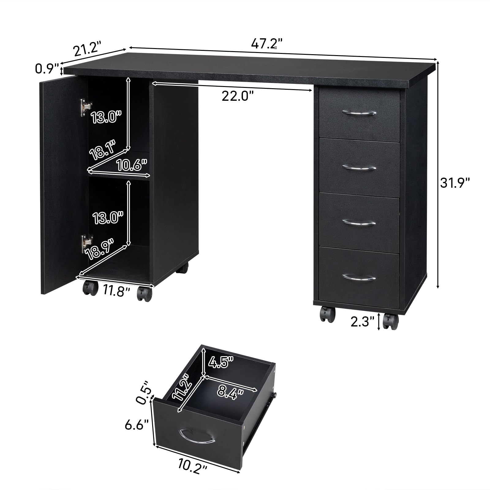 Goujxcy Professional Rolling Nail Table - Manicure Station with 4 Drawers, Large Storage Cabinet & Wrist Rest - Portable Beauty Salon Nail Art Desk Equipment (Black) - Perfect for Nail Technicians, Home Salons & Mobile Nail Services