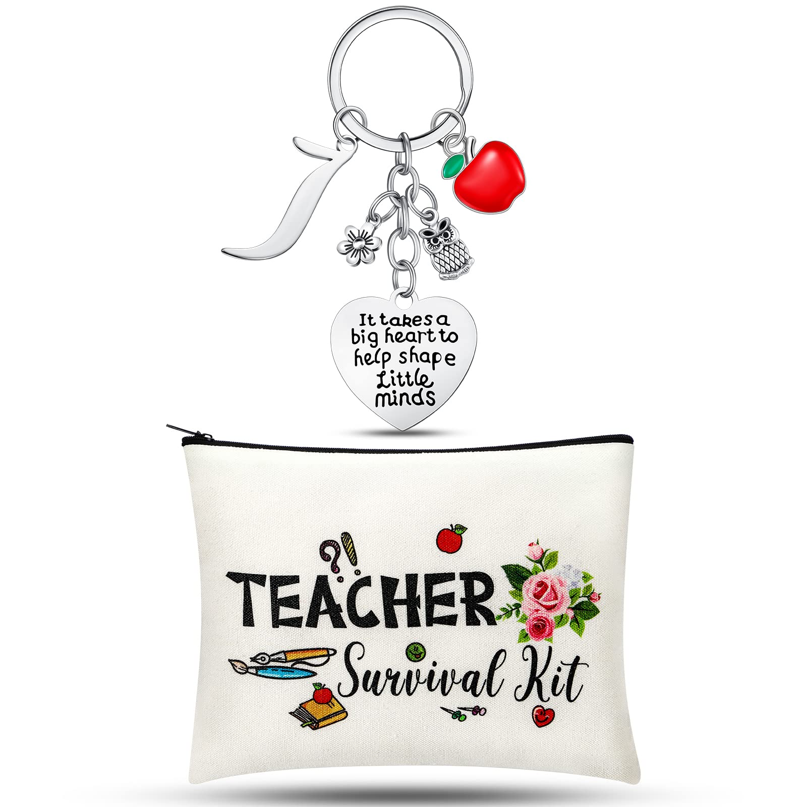 Personalized Teacher Appreciation Gift Set - Custom Initial Keychain & Thank You Makeup Pouch Bag for Educators | Perfect for End of Year, Christmas Gifts & Teacher's Day (J Style)