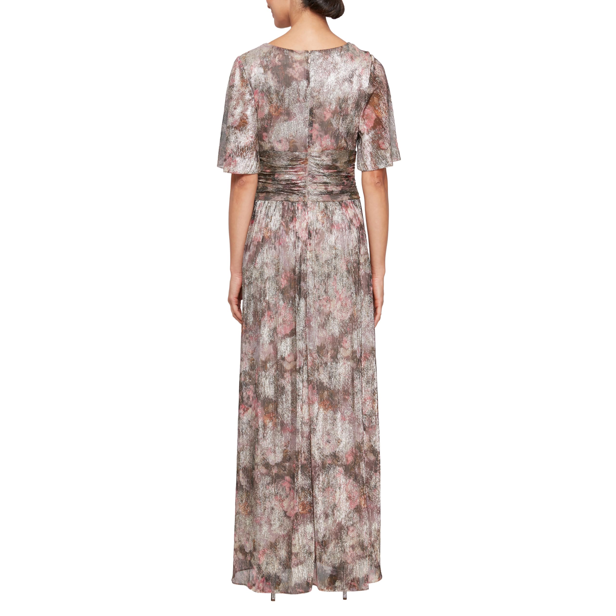 S.L. Fashions Women's Elegant Long A-line Gown with Flutter Sleeves & Ruched Waist - Wedding Guest Dress, Party Dress, Formal Occasion Dress - Available in Petite & Regular Sizes - Perfect for Weddings, Galas, Cocktail Parties and Special Events