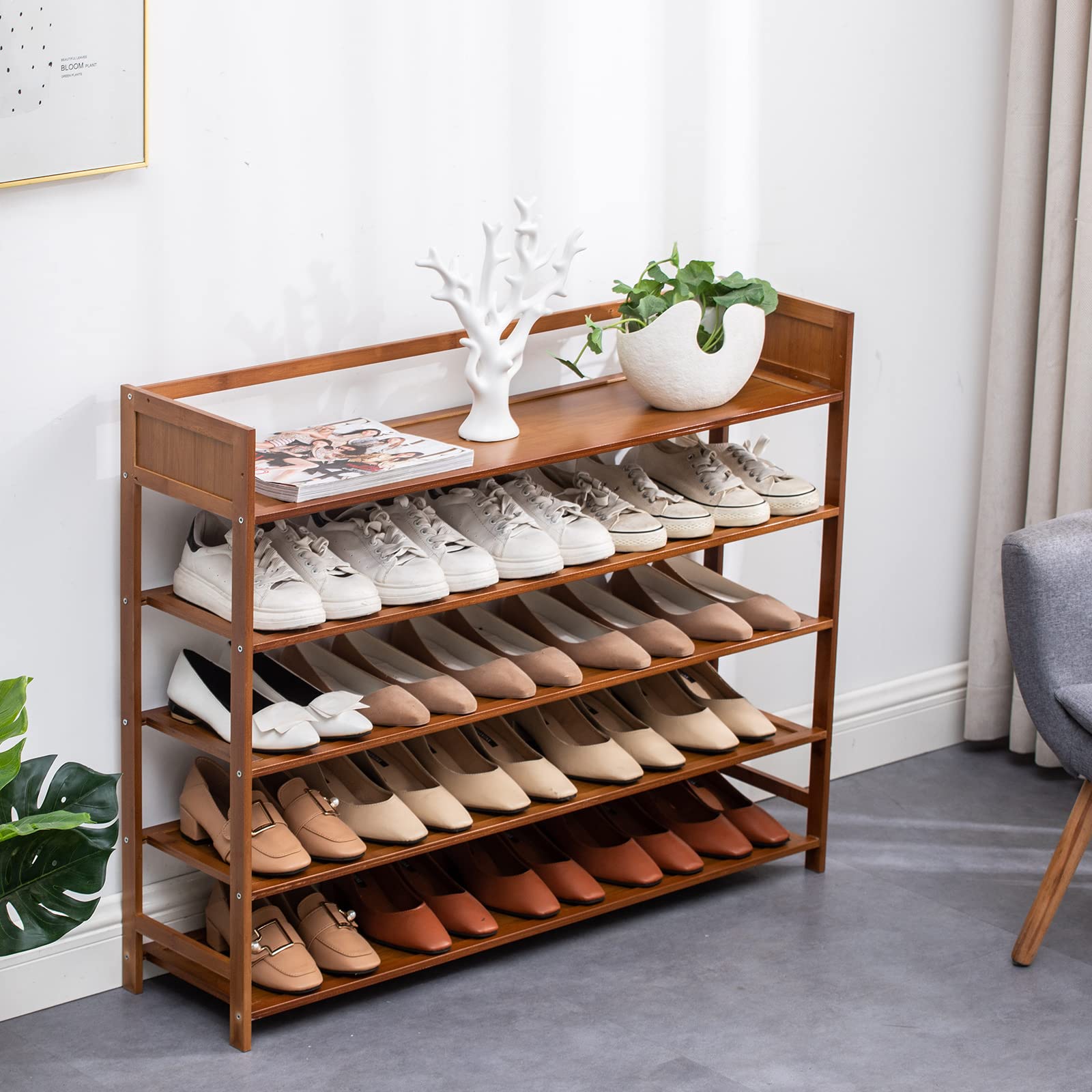 5-Tier Bamboo Shoe Rack Organizer - Free Standing Shoe Shelf for Entryway, Closet & Bedroom Storage - Space Saving Shoe Organizer for Home, Office & Dorm (Brown)