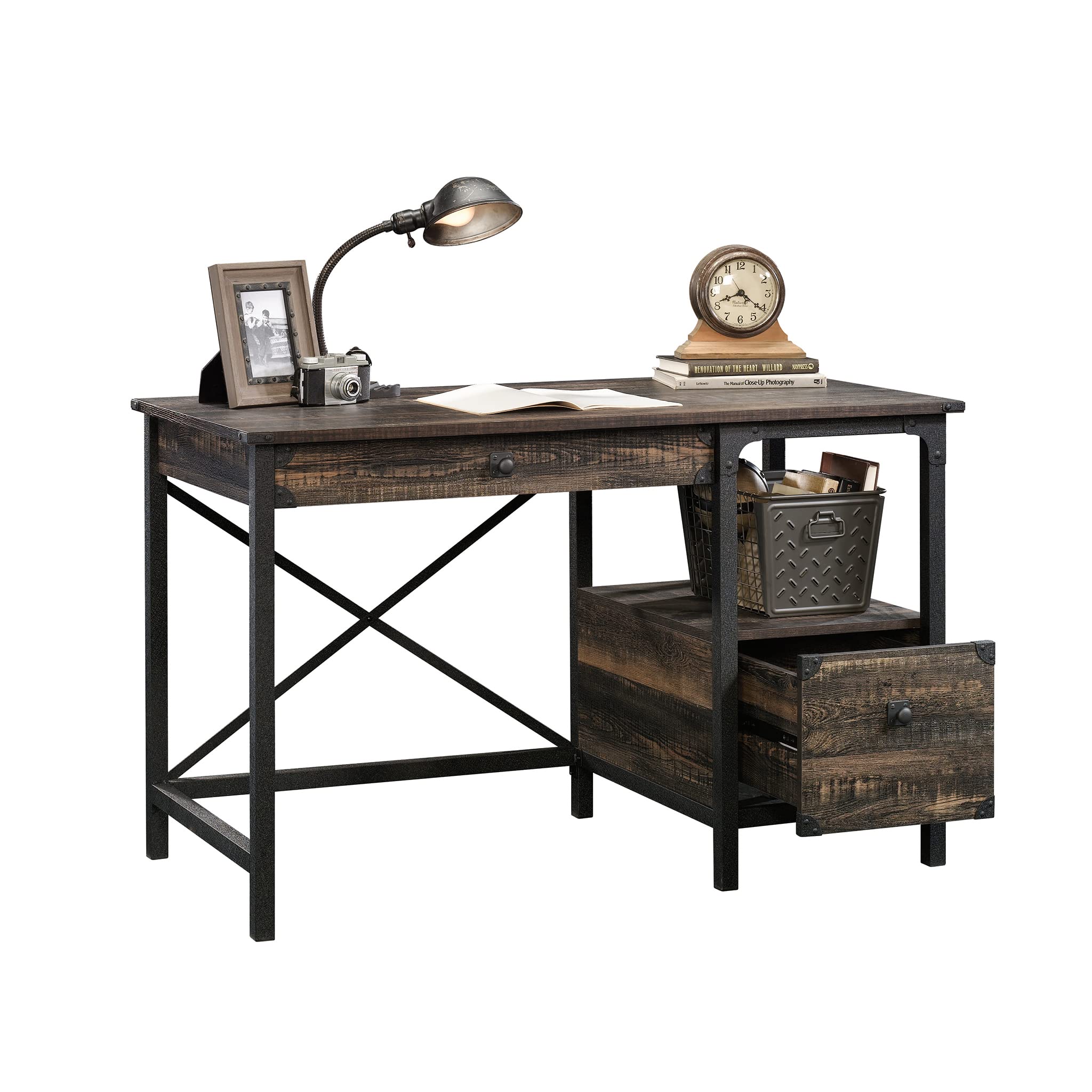 Sauder Steel River Industrial Office Desk with 2 Drawers & Open Shelf - Carbon Oak Finish - Perfect for Home Office & Workspace Organization