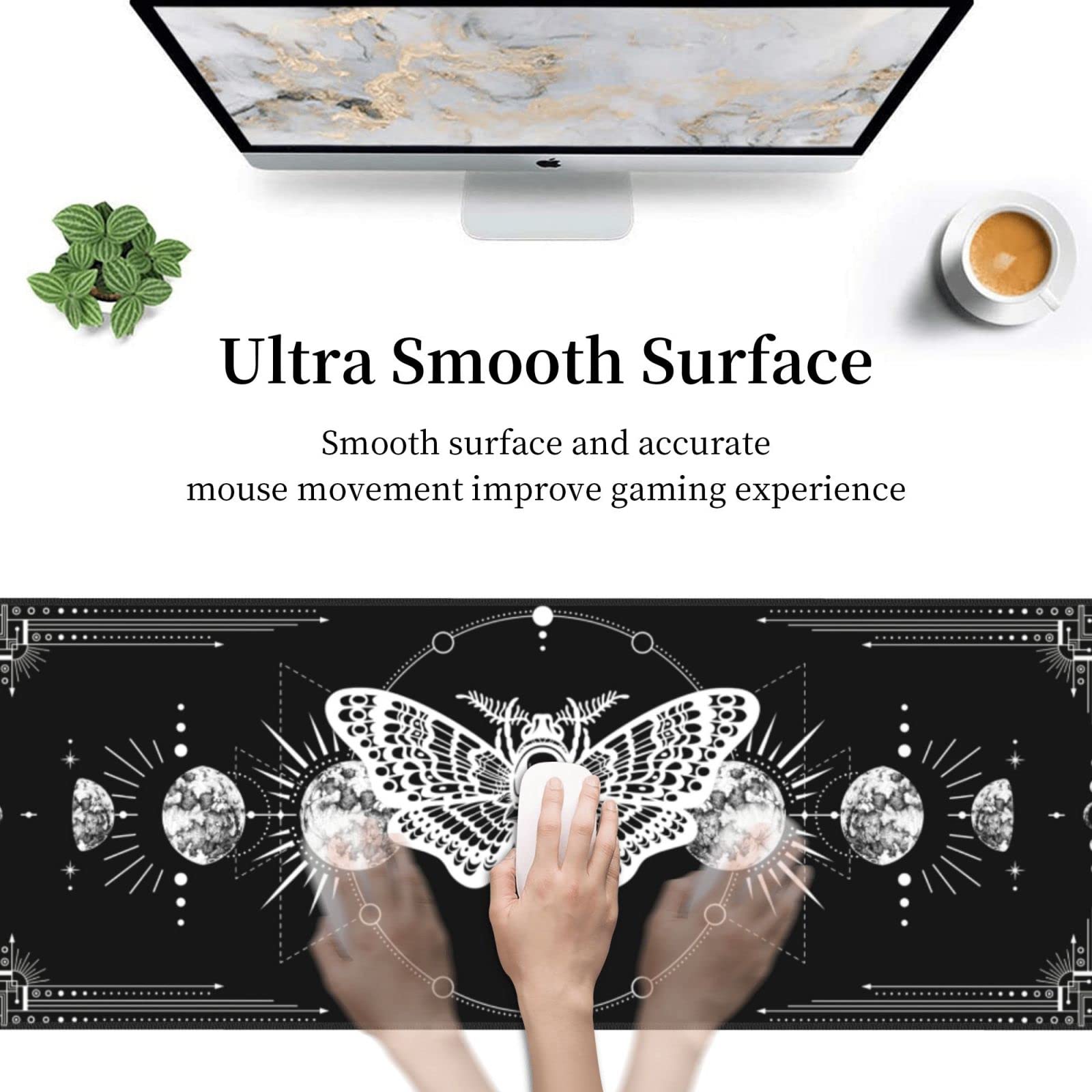 Moon Moth Pattern Gaming Mouse Pad - Extra Large 31.5x11.8 Inch Non-Slip Surface with Stitched Edges - Perfect for PC, Laptop & Office Workstations
