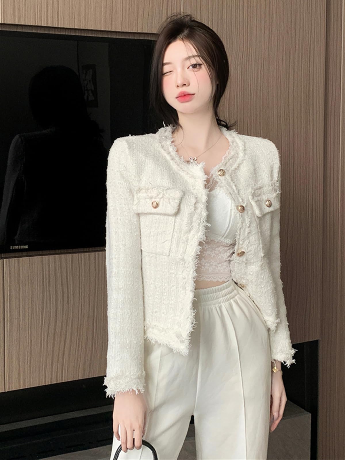 Elegant Women's Plaid Tweed Blazer - Long Sleeve Cropped Jacket for Office Work | Open Front Design, Professional Business Attire, Perfect for Meetings, Interviews and Corporate Events