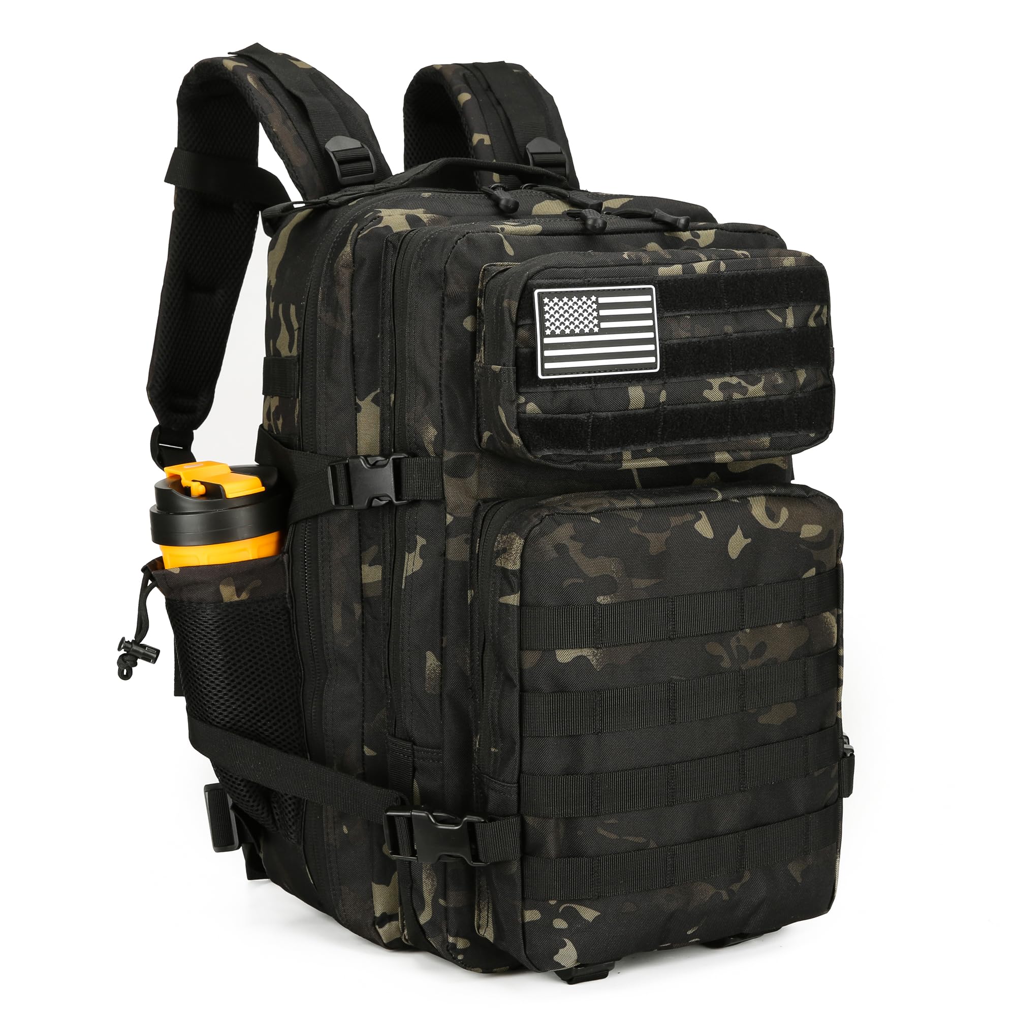 45L Tactical Assault Backpack - 3 Day Military Molle Rucksack with Waterproof Design for Outdoor Camping, Hiking & Airsoft (Black Camo)
