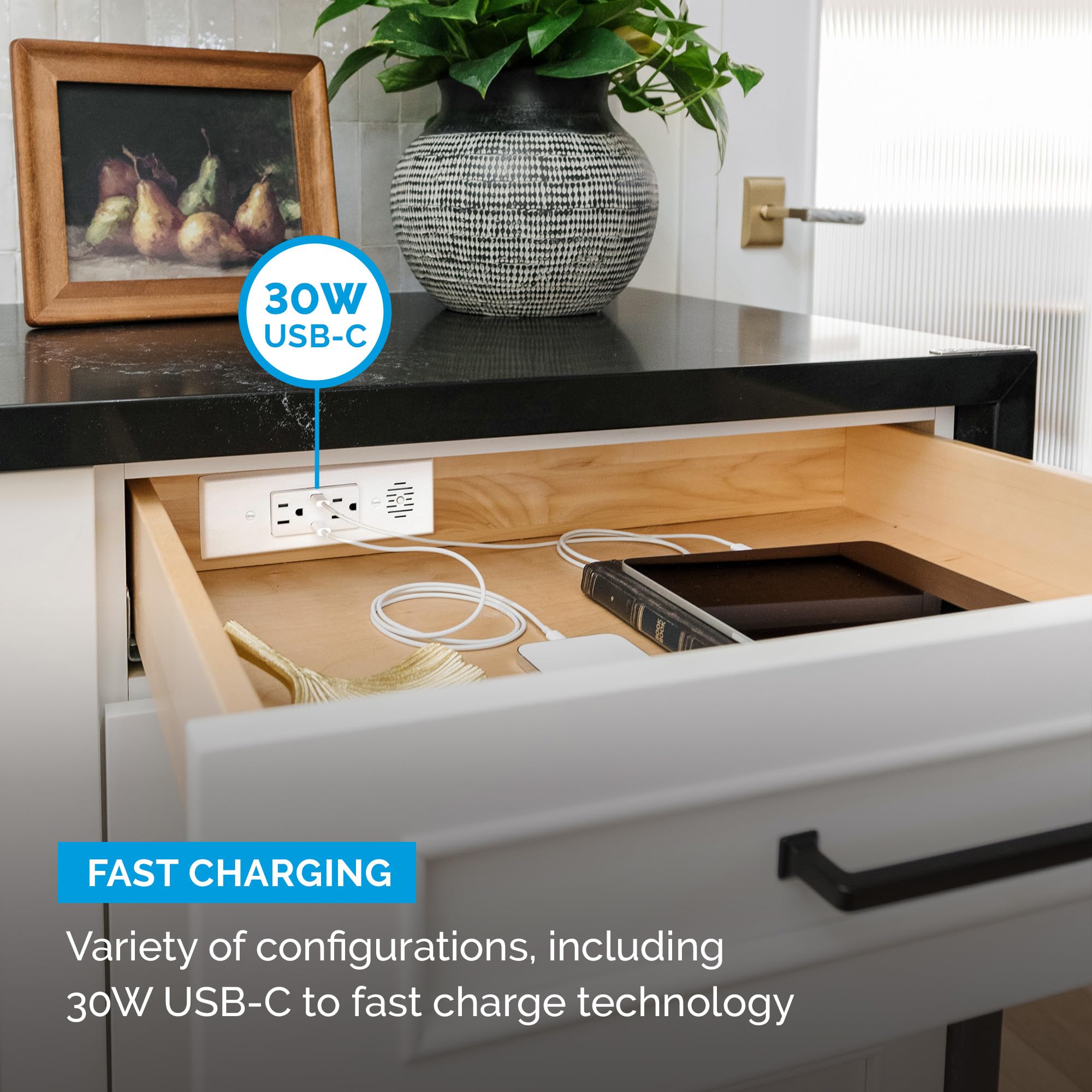 Docking Drawer Blade In-Drawer Power Outlet with Safety Shutoff - 2x 30W USB-C & 2x 15A AC Outlets - Black | Perfect for Home Office, Kitchen, or Bedroom Organization