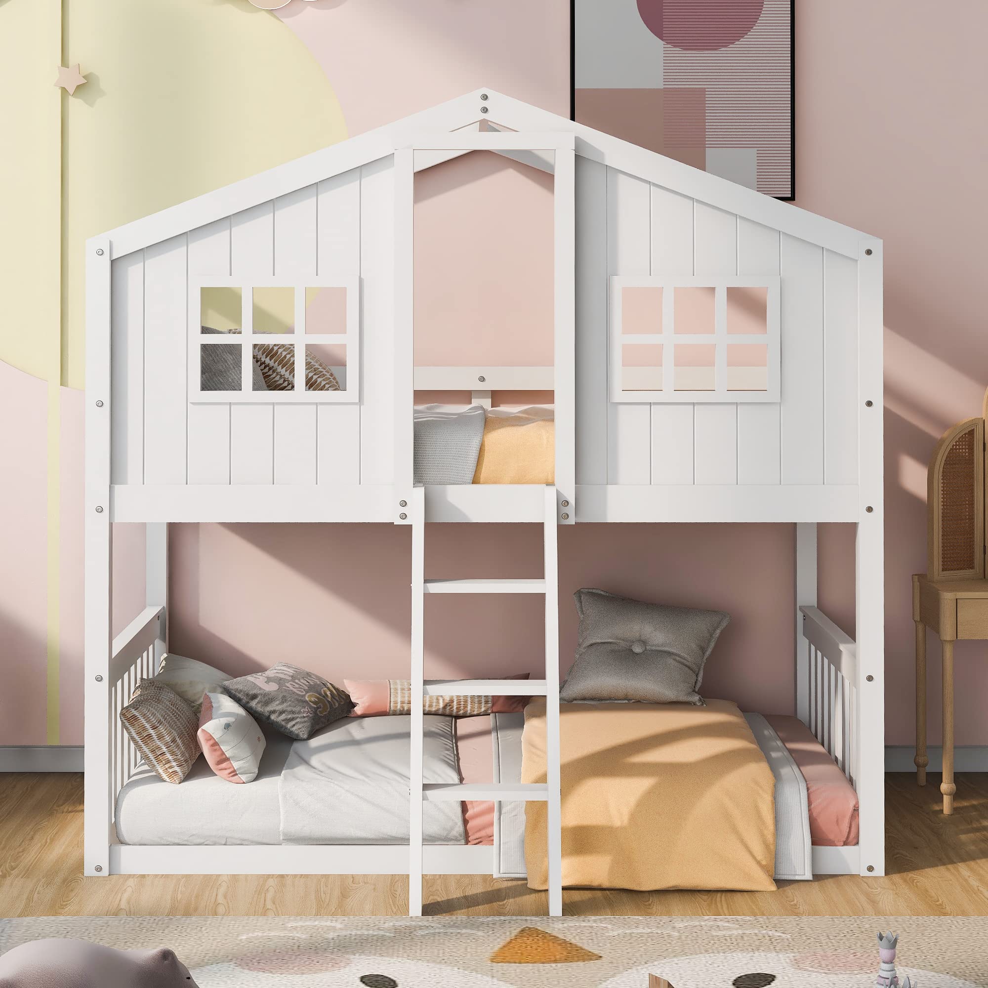 Polibi Twin-Over-Twin Wooden Bunk Bed with Roof, Front Windows & Ladder - Perfect for Kids' Bedrooms, Guest Rooms & Space-Saving Solutions