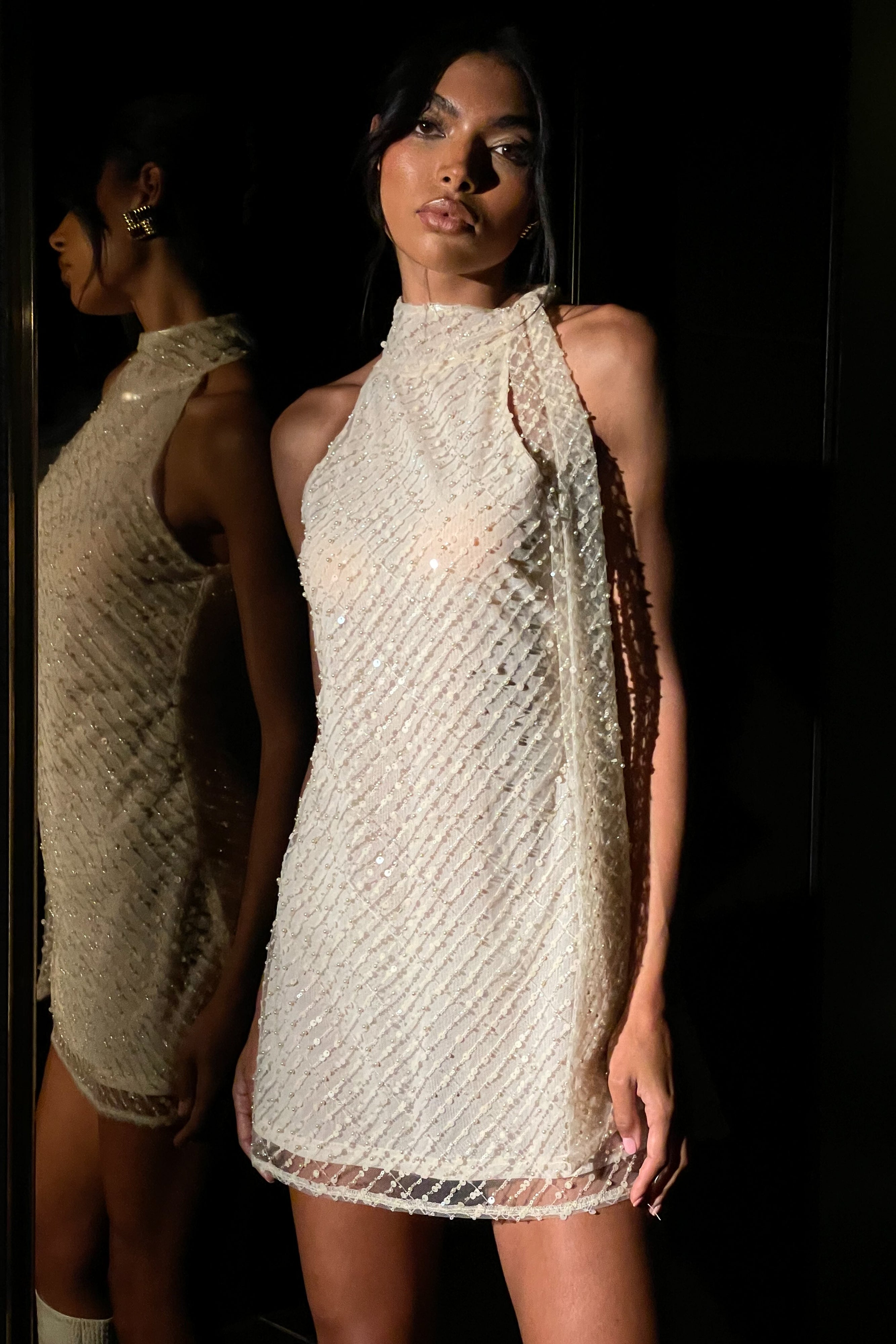 Aubriella Sequin Halter Mini Dress with Tie - Buttercream Color | Sparkling Party Dress for Women | Perfect for Cocktail Parties, Night Out, and Special Occasions