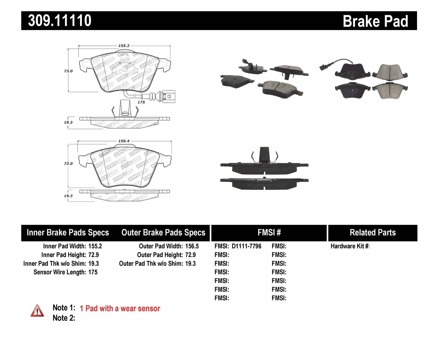 StopTech 309.11110 Sport Brake Pads with Shims & Hardware Kit - High Performance Braking for Track & Street Racing - Perfect for BMW, Audi, Mercedes & Sports Cars