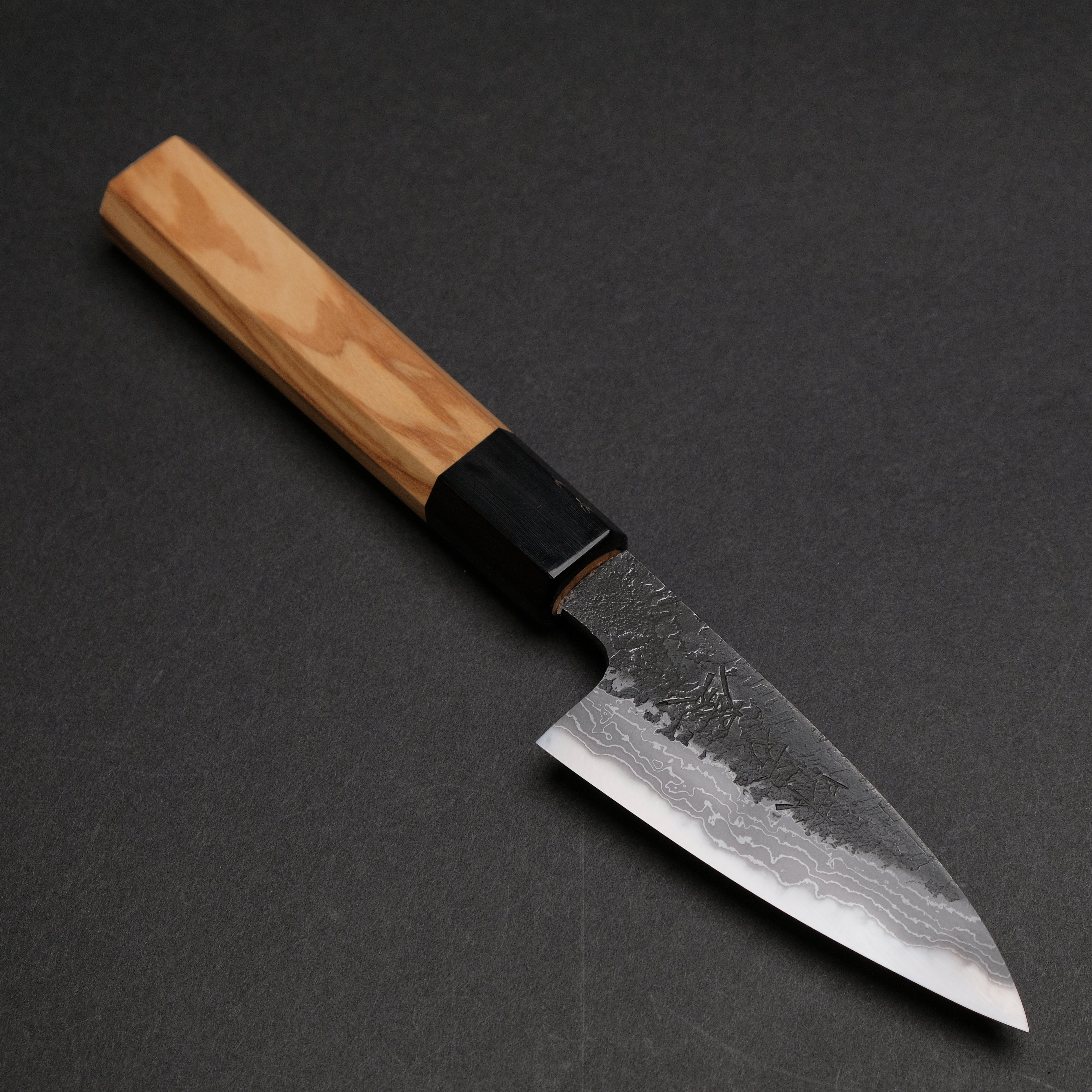 Ajikataya White #2 Nashiji Damascus Petty Knife 85mm - Olive Wood & Buffalo Horn Handle - Perfect for Slicing, Peeling & Precision Kitchen Tasks