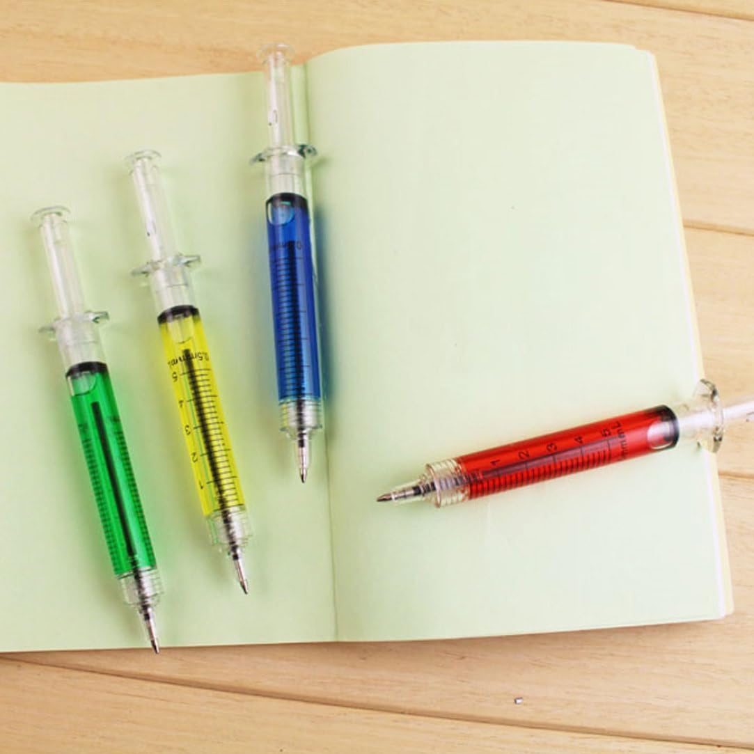 Creative Syringe-Shaped Ballpoint Pens - Multi-Function Imitation Pin Pens with Red, Green, Blue & Yellow Ink (4-Pack) - Perfect for Office, School, Gifts & Medical Theme Parties