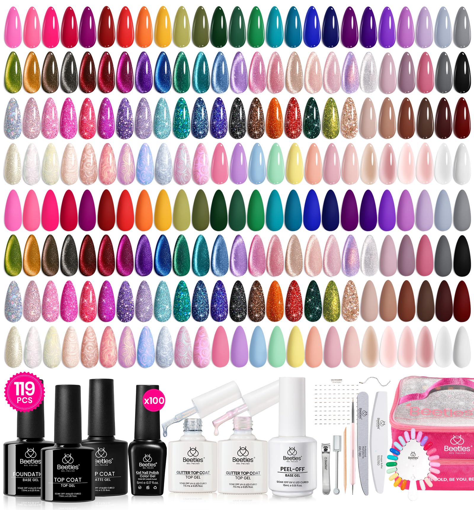 Beetles 119 PCS Gel Nail Polish Kit - 100 Colors with Base, Glossy, Matte & Glitter Top Coats | Pastel, Pearl, Cat Eye Shades (White, Red, Pink, Nude, Green, Blue) | Valentine's Gift for Women | Perfect for Home Manicures, Nail Salons & DIY Nail Art