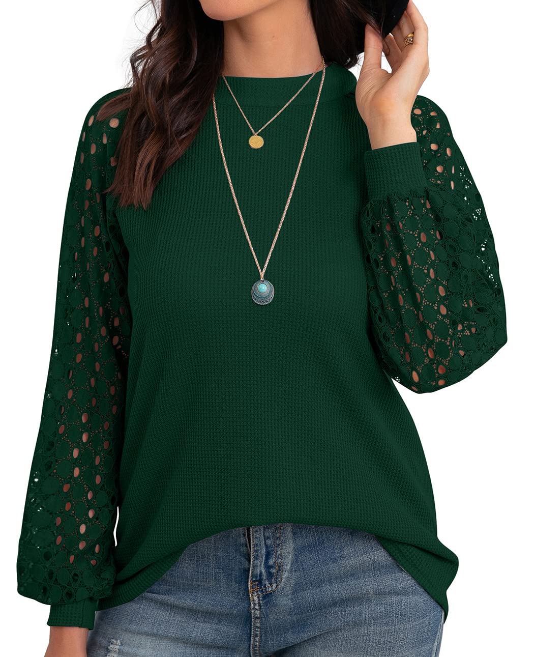 IWOLLENCE Women's Waffle Knit Blouse - Puff Long Sleeve Lace Tops Casual Loose T-Shirts for Spring Fall Outfits, Office Wear & Date Night Fashion