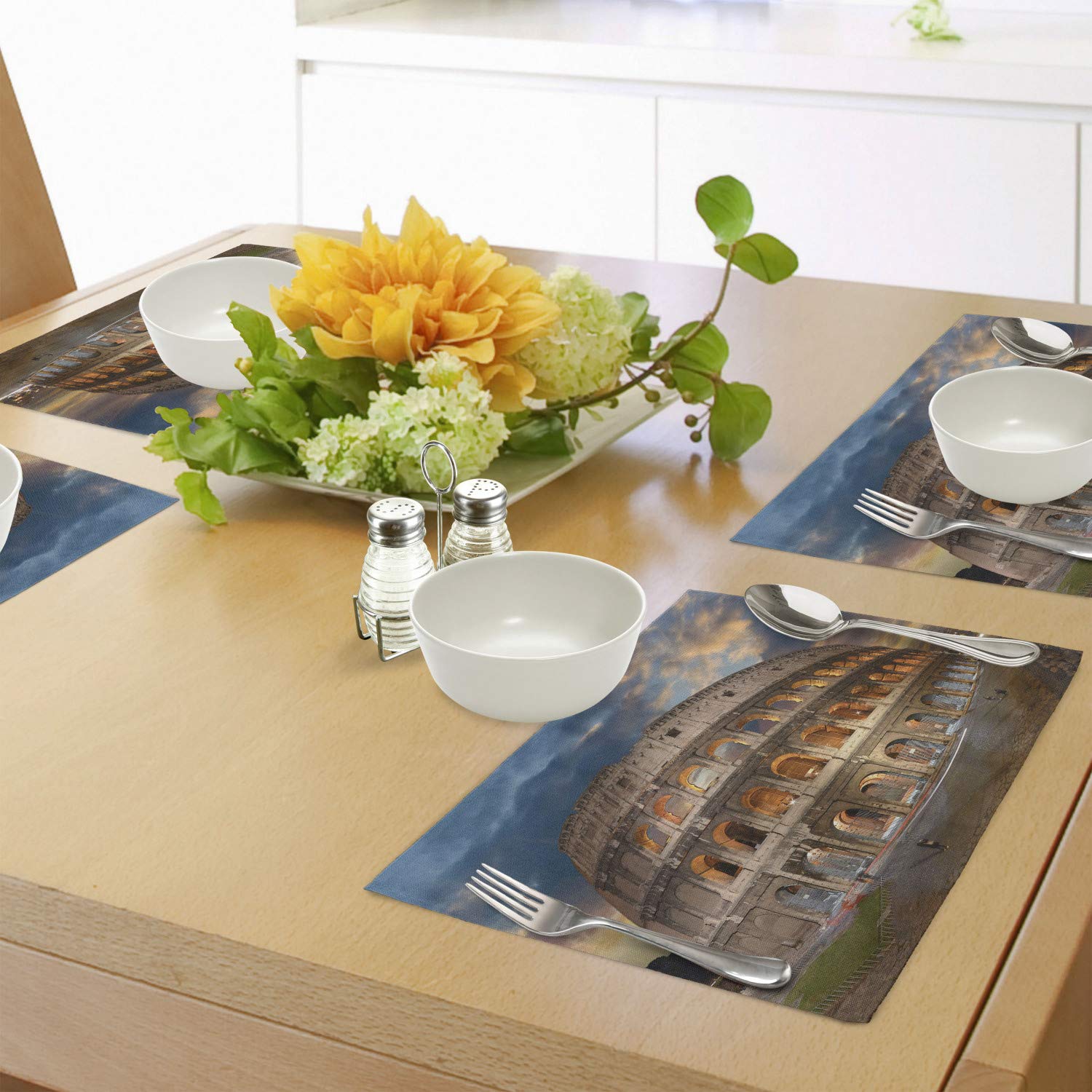 Ambesonne Italian Place Mats Set of 4 - Colosseum Under Autumn Sunset in Rome, Historical Landmark Print, Washable Fabric Table Mats for Dining Room & Kitchen Decor (Blue & Tan) | Perfect for Italian-Themed Dinners, Holiday Gatherings & Home Decor
