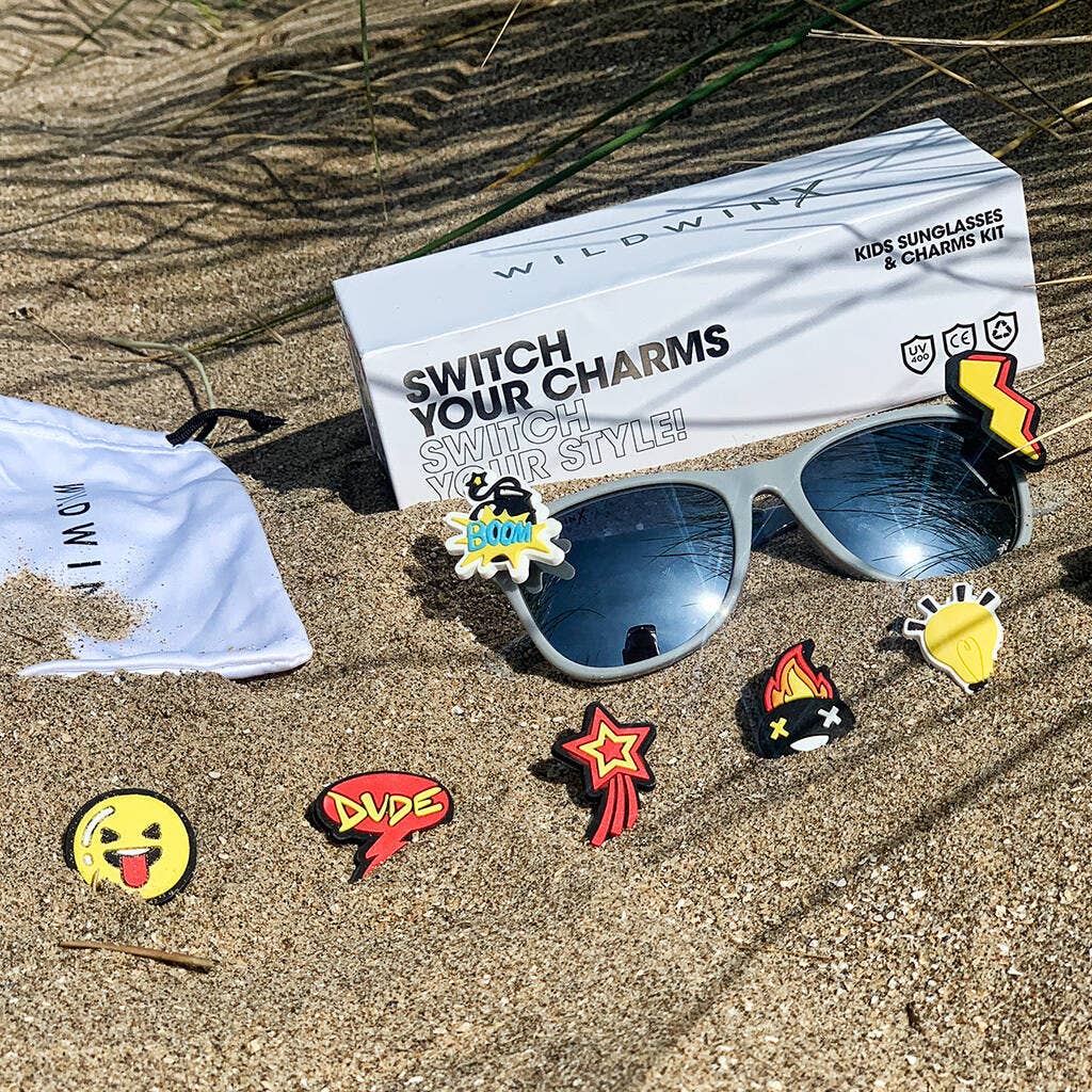 Kids' Grey Sunglasses & Charm Kit - Stylish UV Protection for Boys & Girls | Perfect for Outdoor Play, Beach Trips & Fashion Accessories