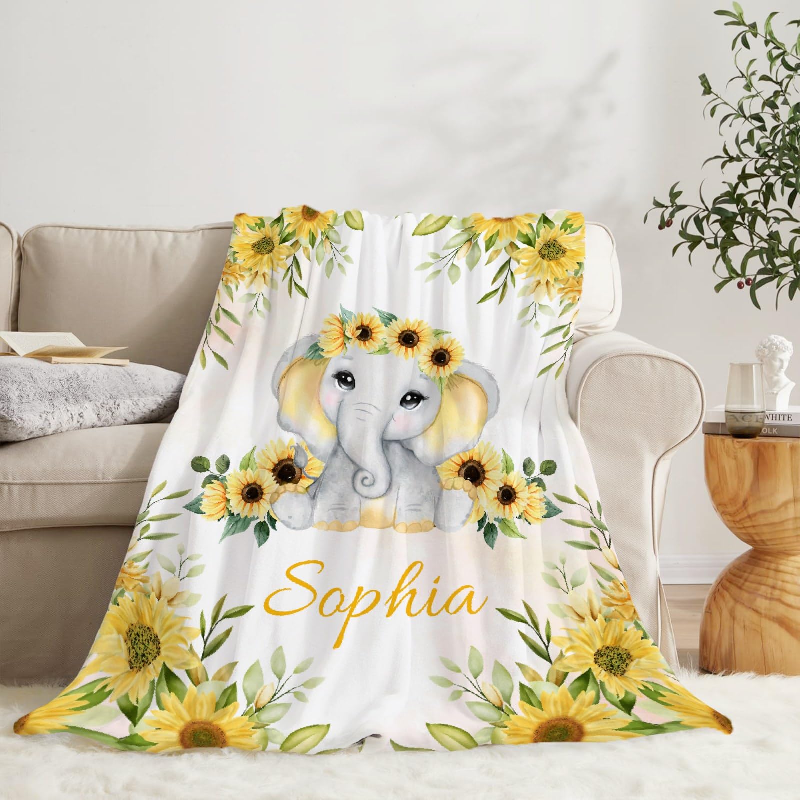 Personalized Baby Blanket with Name - Custom Sunflower Elephant Fleece Throw for Boys & Girls - Soft Cozy Plush Quilt for Nursery, Crib & Family Gifts - Perfect for Baby Showers, Birthdays & Newborn Photos