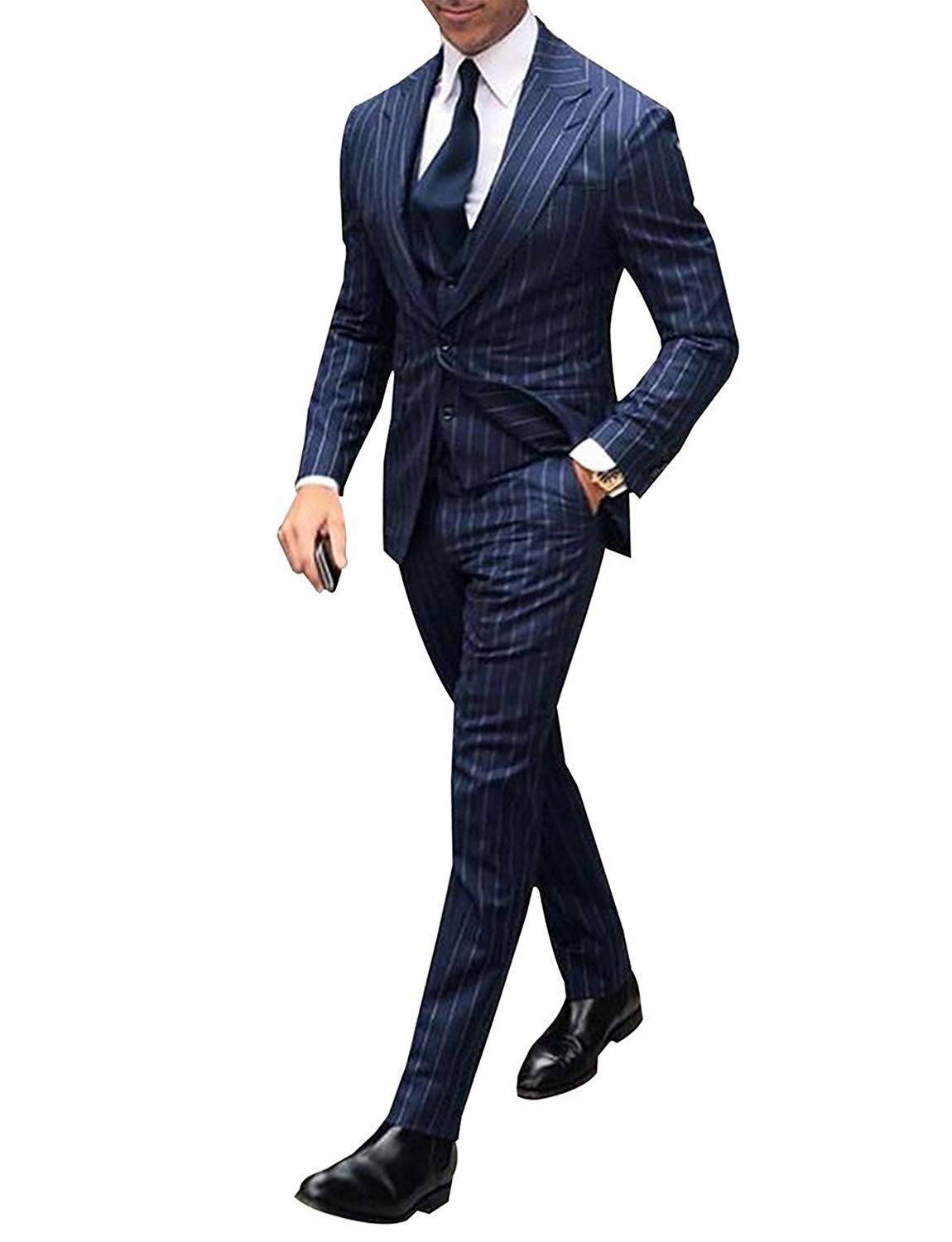 Stylish Men's Stripe Peak Lapel 3-Piece Suit Set with One-Button Jacket, Pants & Vest | Formal Business Attire for Weddings, Office & Special Occasions