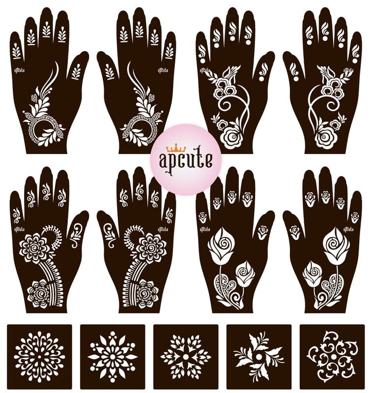APCUTE 13-Piece Mehendi Stencil Kit | Temporary Henna Tattoo Stickers for Full Hand Designs - Easy 4-Step Application for Women & Girls | Perfect for Weddings, Festivals, and Cultural Celebrations