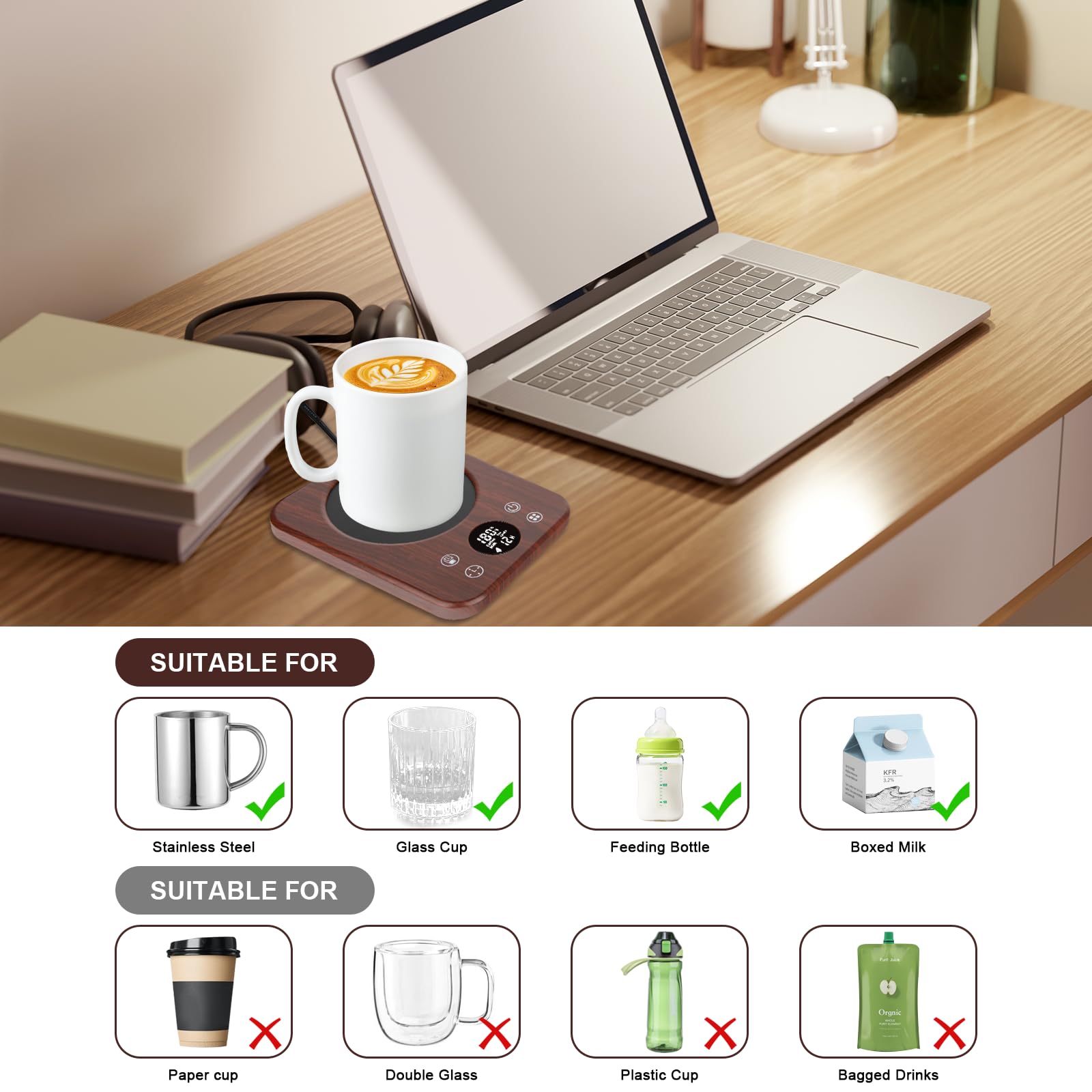 Smart Electric Coffee Mug Warmer with 9 Temperature Settings - Auto Shutoff & 12-Hour Timer - USB Powered Desktop Cup Warmer for Coffee, Tea, Milk - Perfect for Office, Home & Gift Giving