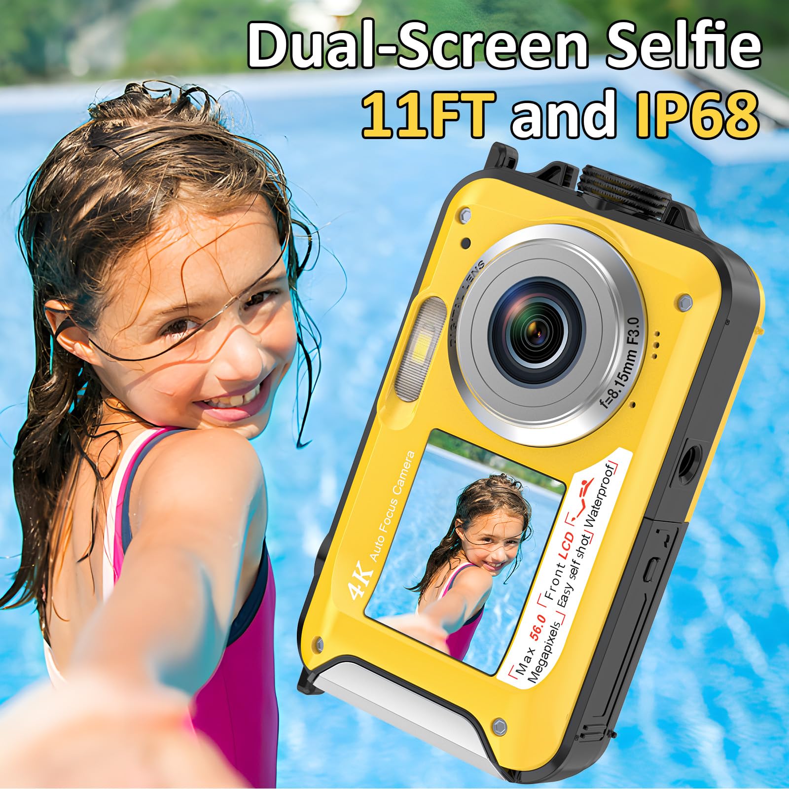 4K Waterproof Digital Camera 56MP Autofocus Dual-Screen Selfie Underwater Camera with 32GB Card - 11FT Depth, Compact Floatable Point & Shoot for Snorkeling, Scuba Diving & Beach Vacations - Includes 1250mAh Rechargeable Battery