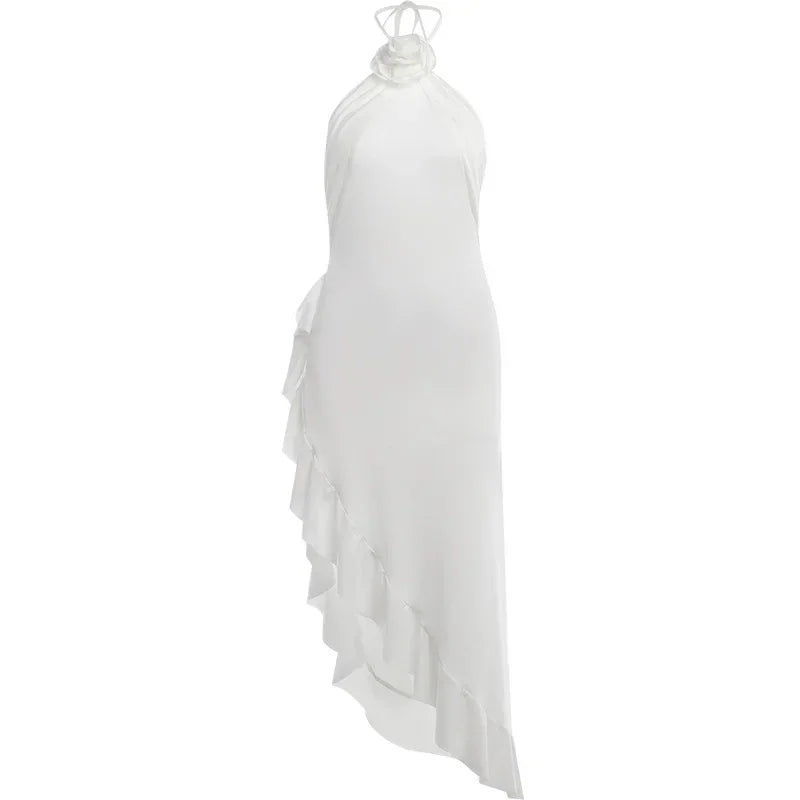 3D Floral Applique Halter Ruffle Split Long Dress - Elegant Sexy Summer White Party Dress for Women | Perfect for Beach Vacation, Evening Events & Special Occasions
