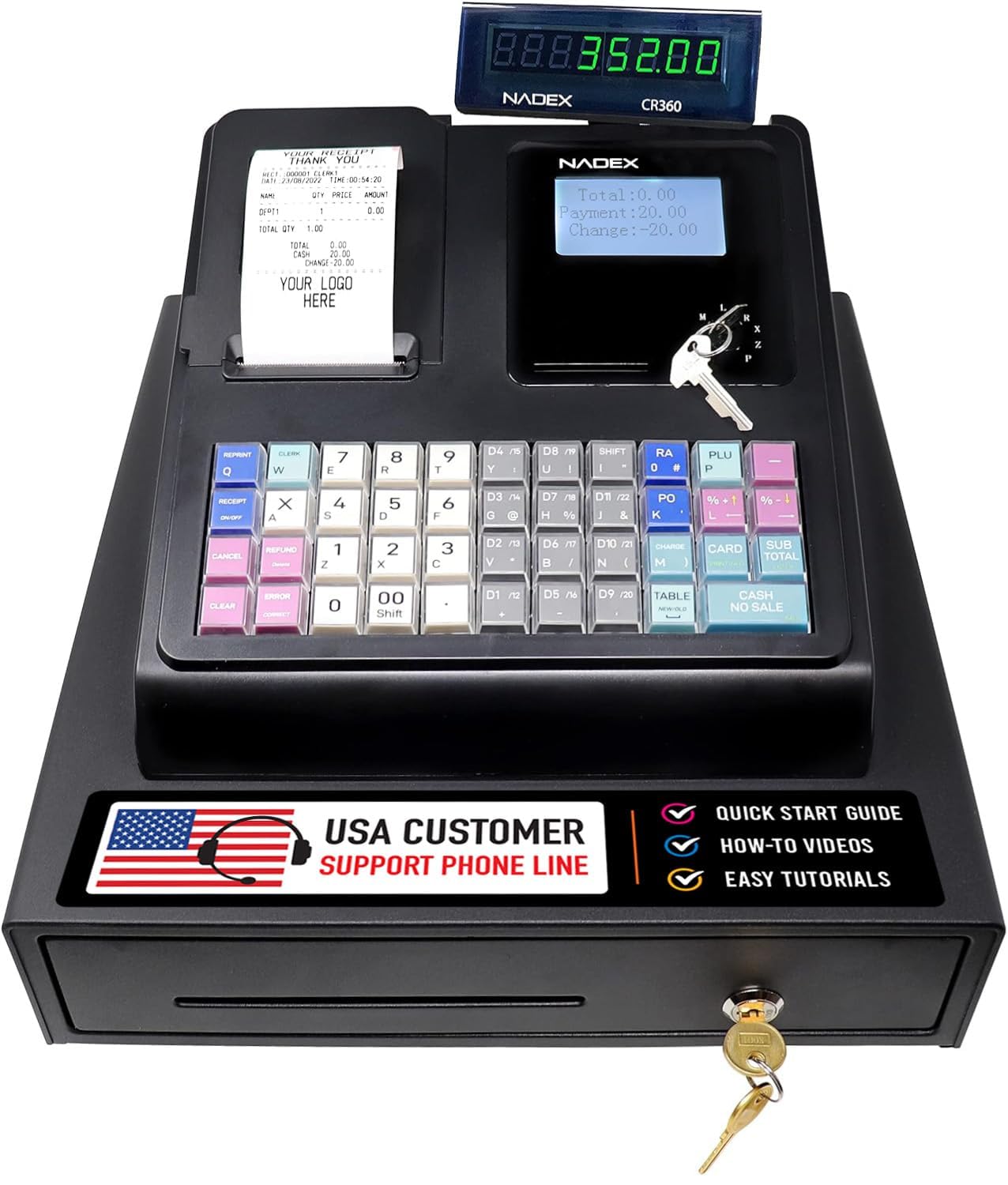 Nadex CR360 Cash Register with Quick Load Thermal Printer - 4700 PLU, 50 Departments, 50 Clerks - Compact POS System with Cash & Coin Drawer (Black) - Ideal for Retail Stores, Restaurants & Small Businesses