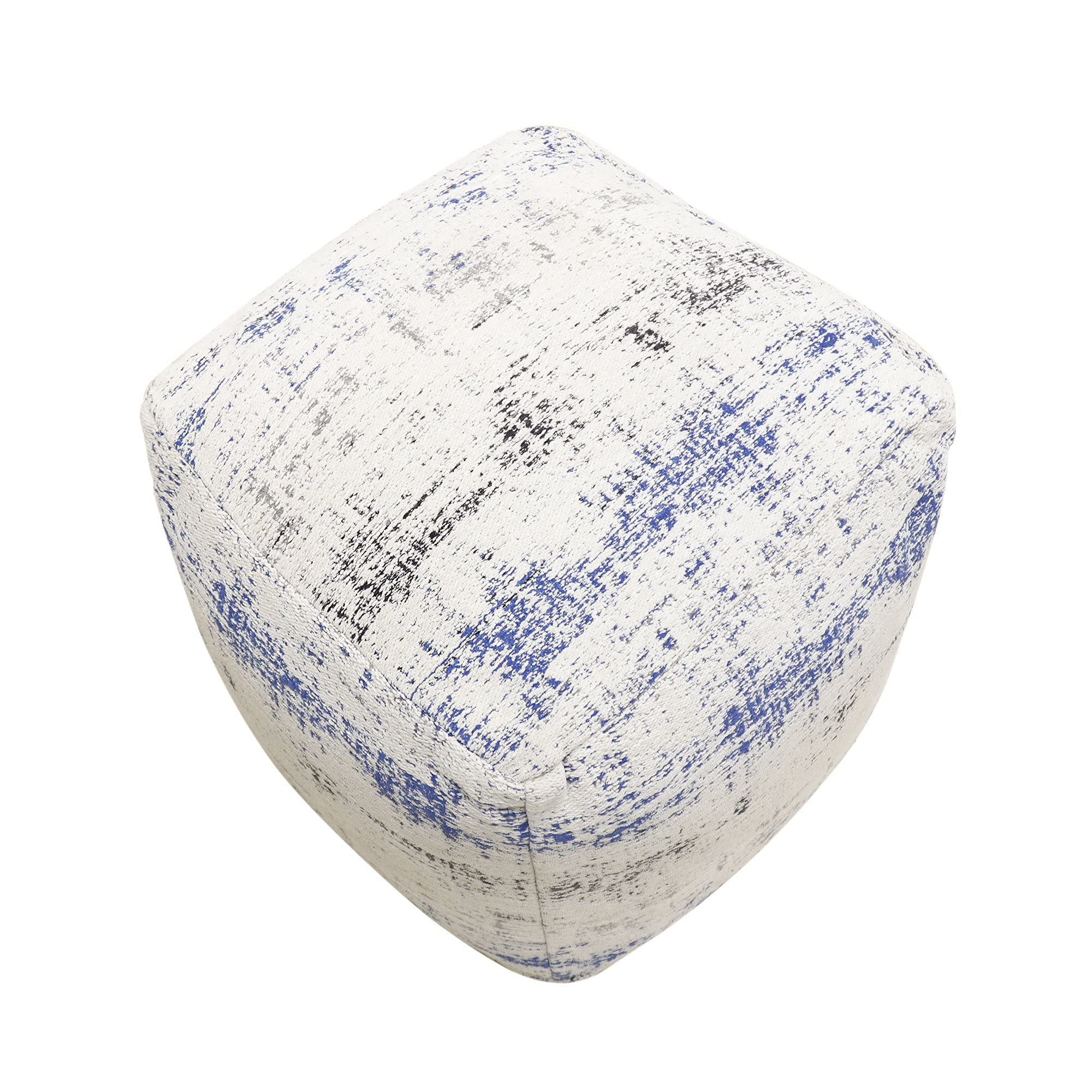 Pasargad Home Grand Canyon Distressed Cotton Pouf - Jacquard Woven Square Ottoman with Polly Beads Filling - 20x20x20 Inch Ivory/Blue Footrest & Lounge Seat - Luxury Living Room Decor for Sofa, Bedroom & Reading Nook