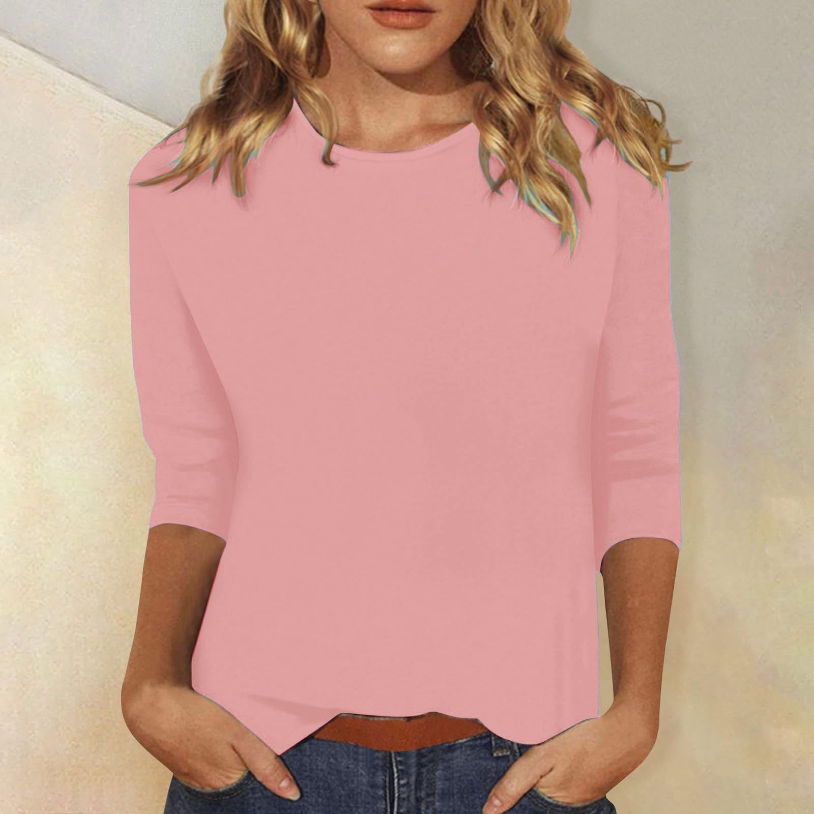 Women's Summer Casual 3/4 Sleeve T-Shirts - Round Neck Cute Tunic Tops & Basic Blouses - Plus Size Comfortable Tees for Everyday Wear, Outings & Vacation