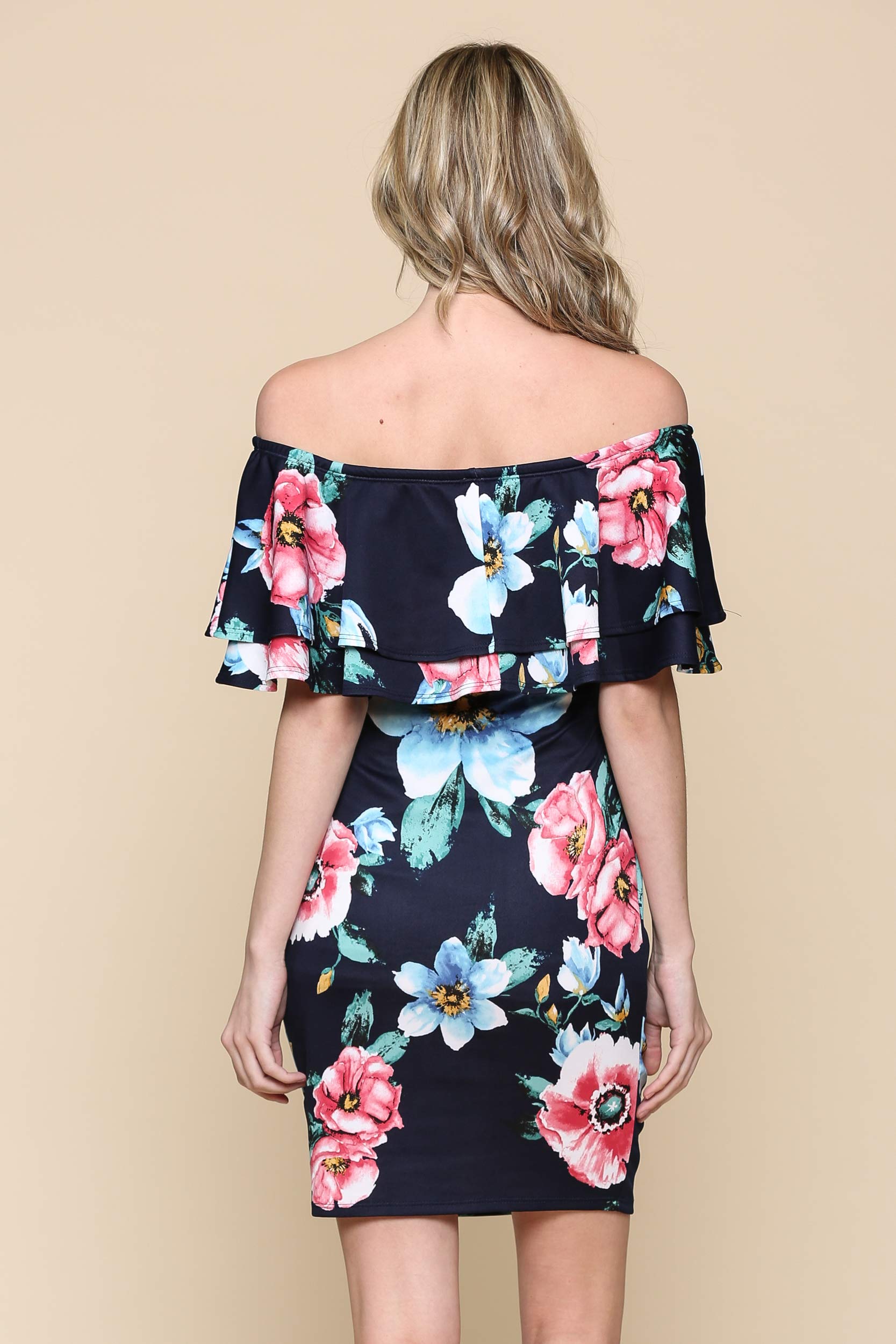 LaClef Women's Off Shoulder Maternity Dress with Double Ruffle - Comfortable Pregnancy Dress for Baby Shower, Maternity Photo Shoot & Summer Occasions
