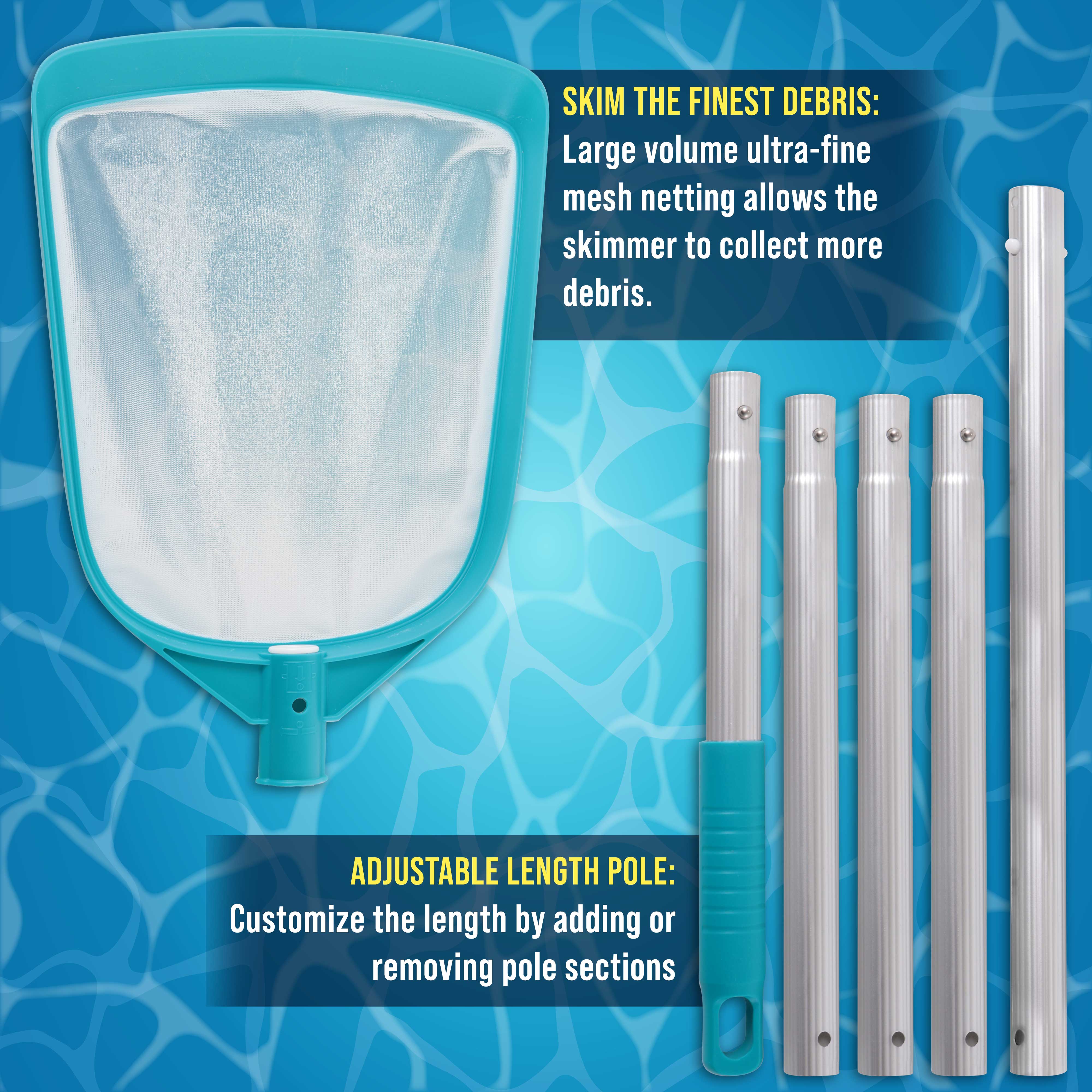 Professional 6 Foot Swimming Pool Leaf Skimmer Net with 5-Section Aluminum Pole | Ultra Fine Mesh for Debris Removal | Perfect for In-Ground & Above Ground Pools