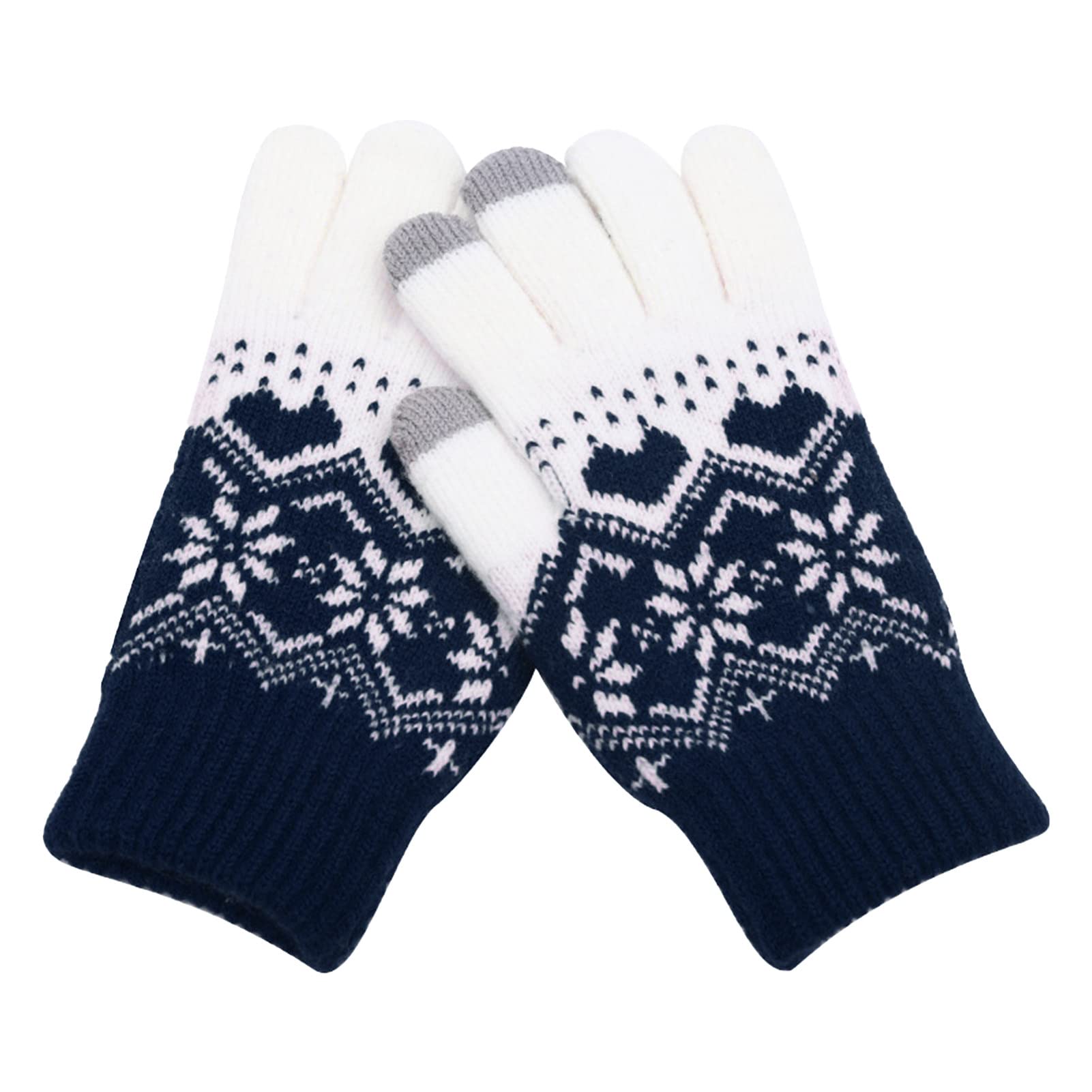Women's Thickened Windproof Knitted Gloves - Jacquard Snowflake Design for Autumn & Winter - Navy Blue Finger Gloves for Outdoor Activities, Hiking & Cold Weather Protection