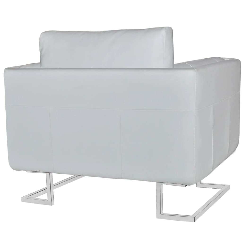 Modern White Leather Cube Armchair with Chrome Accents - Upholstered Accent Chair for Living Room, Bedroom & Office - Comfy Reading Chair for Relaxing, Lounging & Home Decor