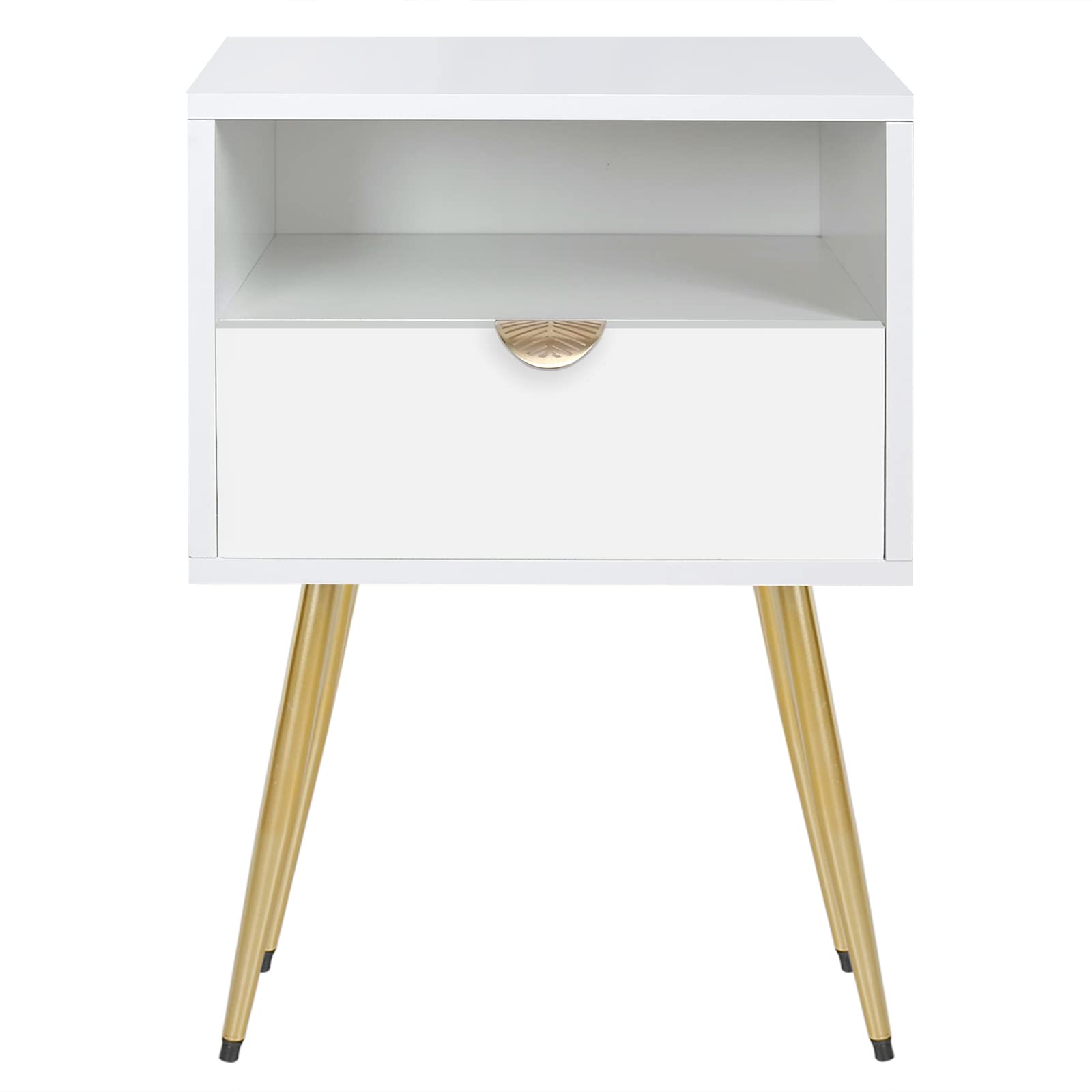 Mid Century Modern White Nightstand with Drawer & Shelf - Solid Wood Bedside Table for Bedroom, Living Room End Table - Sturdy Construction & Easy Assembly - Perfect for Small Spaces & Apartment Decor