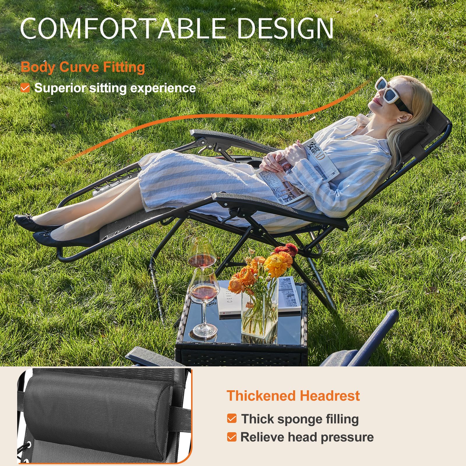 Sweetcrispy Zero Gravity Chairs Set of 2 - Portable Reclining Lounge Chairs for Outdoor Relaxation with Cup Holder & Adjustable Headrest - Perfect for Beach, Camping, Patio, Poolside, Garden, Backyard and Lawn (Black) - Ideal for Sunbathing, Reading and Stargazing