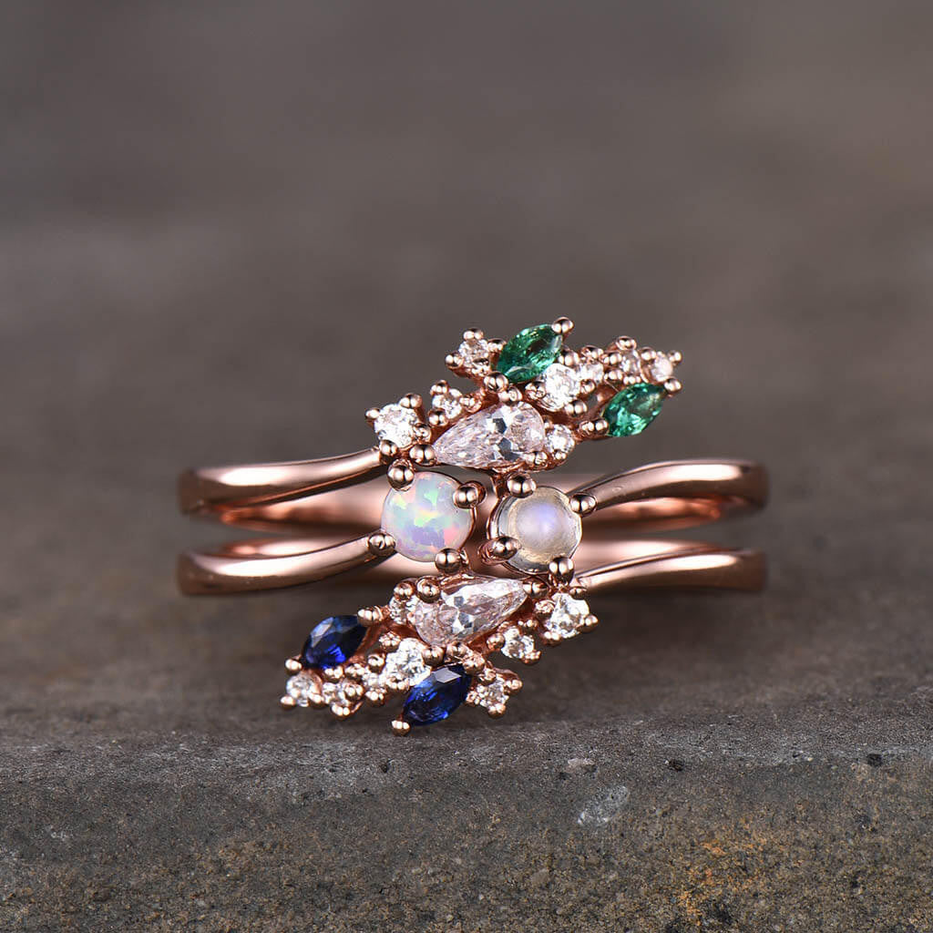 Exquisite Curved Opal Sapphire Moissanite Emerald Diamond Engagement Ring Set in Rose Gold - 2 Piece Bridal Jewelry for Weddings, Anniversaries & Special Occasions