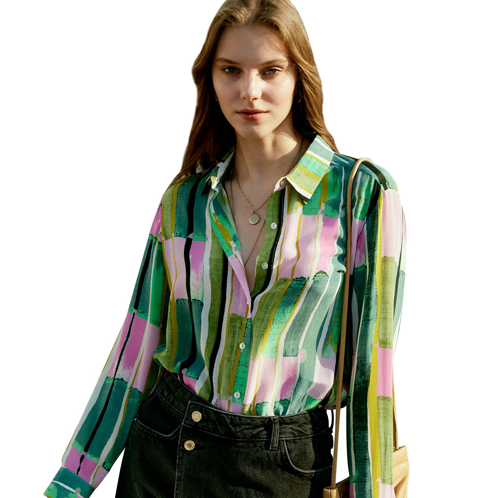 Women's 100% Pure Silk Blouse - Elegant Long Sleeve Button Down Shirt for Spring & Summer | Floral & Striped Tops | Smooth & Comfortable Silk Blouses for Work, Office & Special Occasions