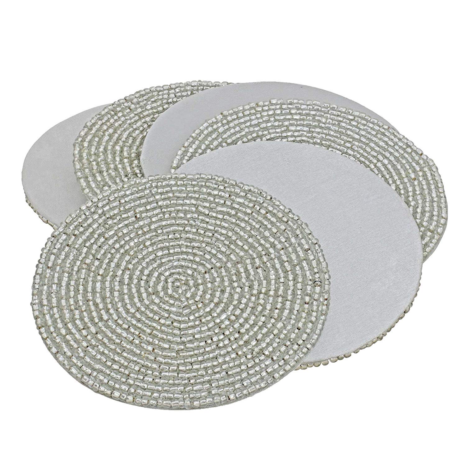 Handmade Silver Beaded Round Tea Coasters Set of 6 - 4 Inch Decorative Placemats for Teacups, Coffee Mugs & Table Decor - Perfect for Tea Parties, Home Decor & Gift Giving
