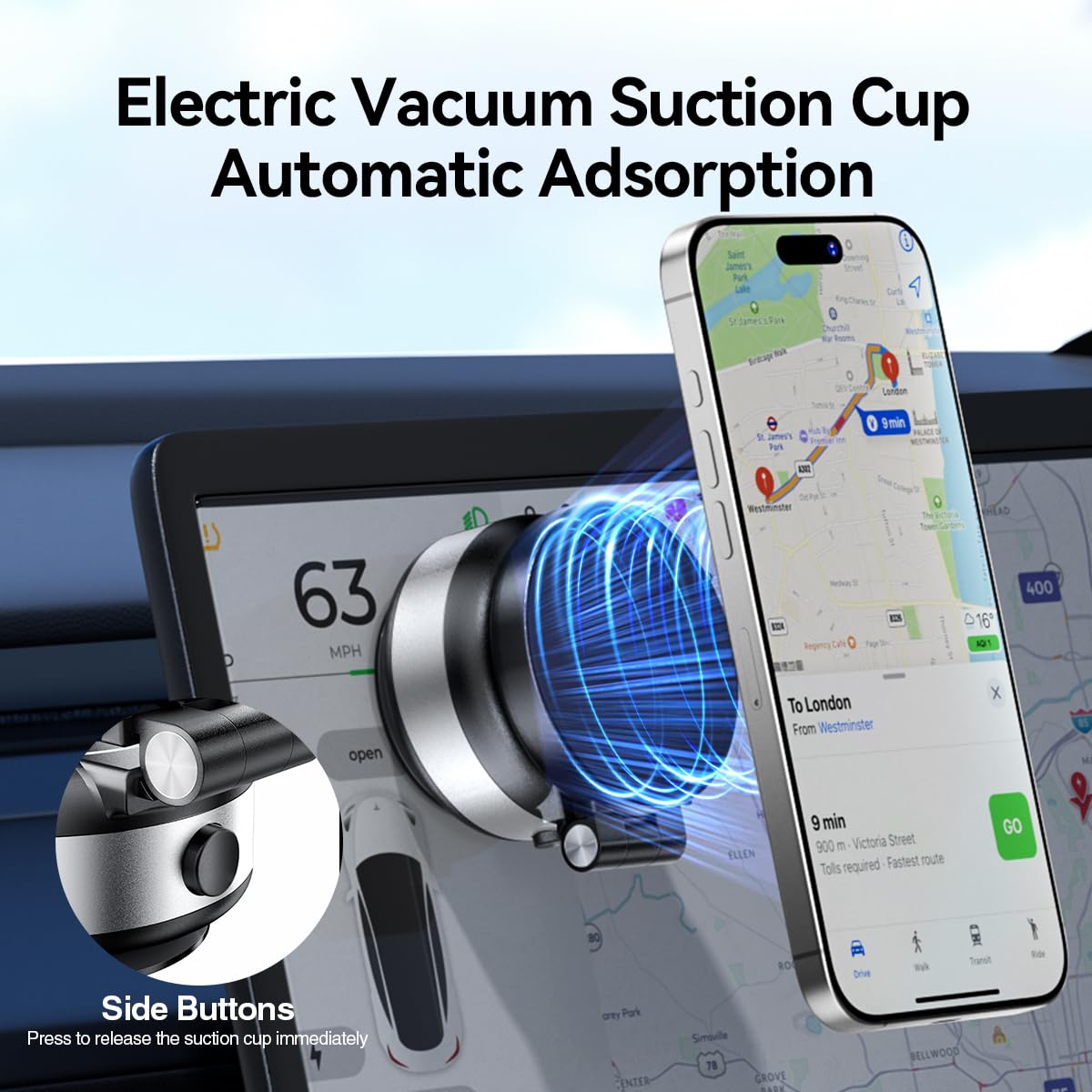 Vacuum Suction Magnetic Car Phone Holder - Strong Foldable Adjustable Car Mount for iPhone 12/13/14/15/16 - Works on Mirror, Glass, Dashboard & Smooth Non-Porous Surfaces (No Charging) - Perfect for Safe Hands-Free Driving & GPS Navigation