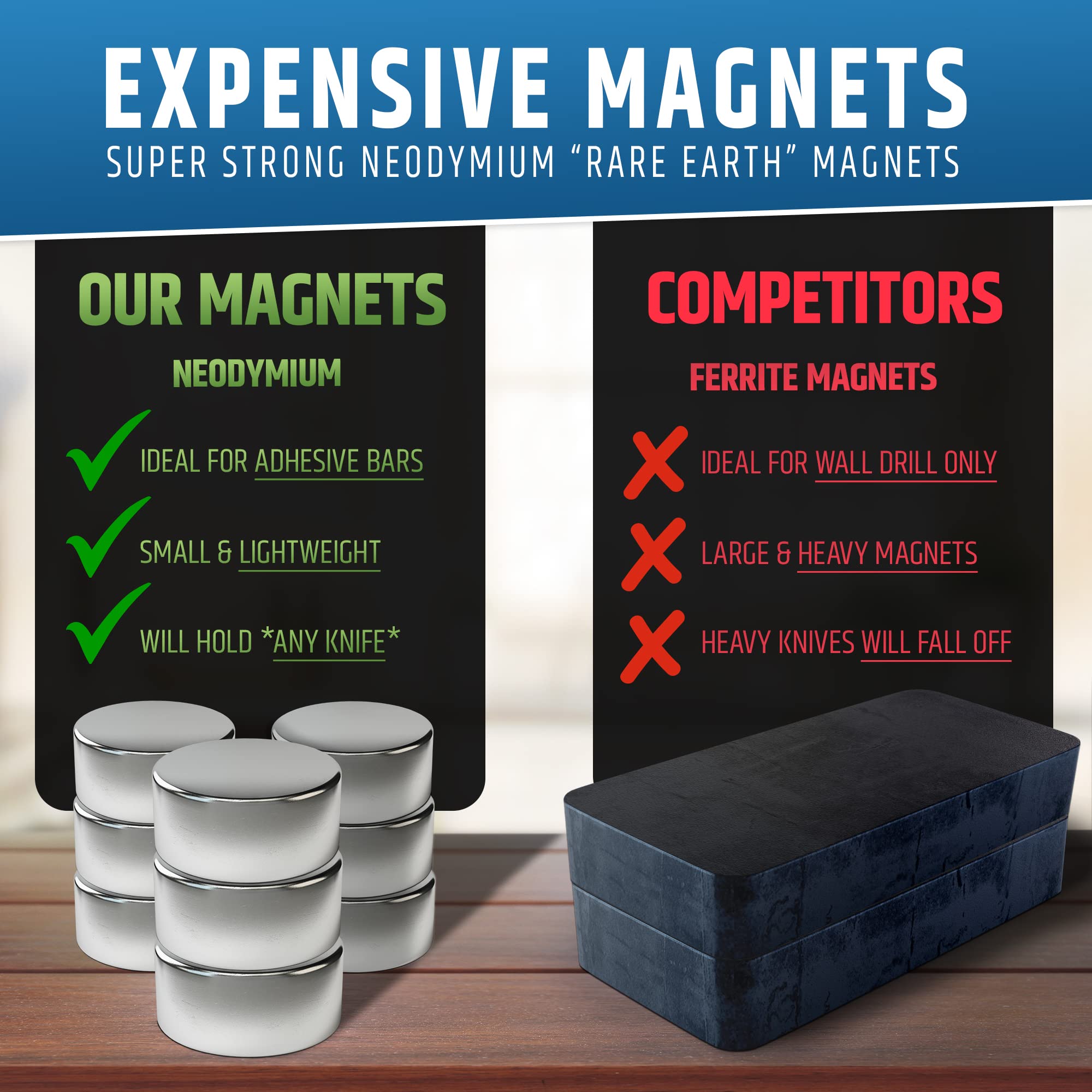 Upgraded No Drill Magnetic Knife Holder - 17 Inch Strong Adhesive Wall Mount Knife Strip with Stainless Steel Bar | No Screws Needed | Secure Hold for Kitchen Knives | Perfect for Home Chefs & Small Spaces