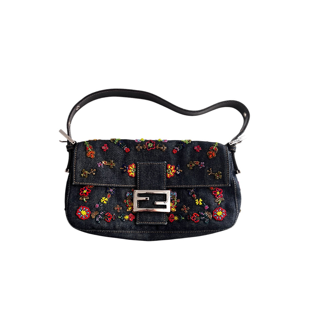 Fendi Floral Embroidered Beaded Denim Baguette Bag - Luxury Designer Handbag for Women, Perfect for Parties, Weddings & Evening Events