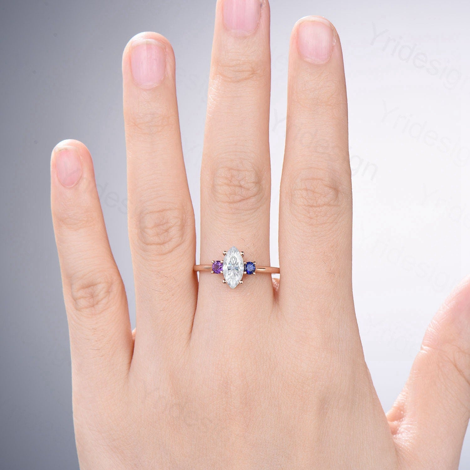 Elegant Marquise Cut Moissanite Engagement Ring in Rose Gold - Minimalist Three Stone Wedding Band with Sapphire & Amethyst Accents - Women's Promise Ring for Proposals, Anniversaries & Special Occasions
