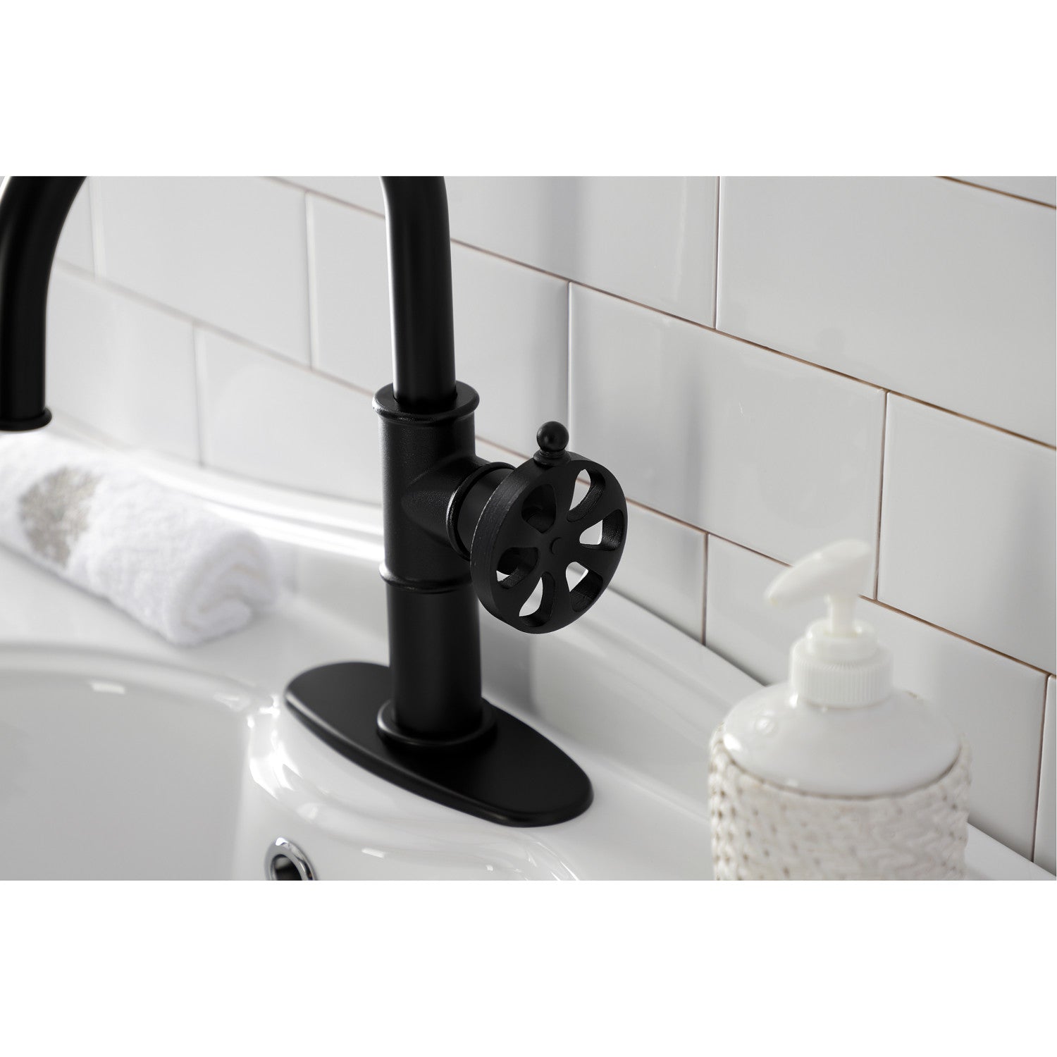 Belknap KSD2230RX Single Handle 1 Hole Bathroom Sink Faucet with Deck Plate & Push Pop-Up Drain - Matte Black Finish for Modern Bathroom & Powder Room Renovations