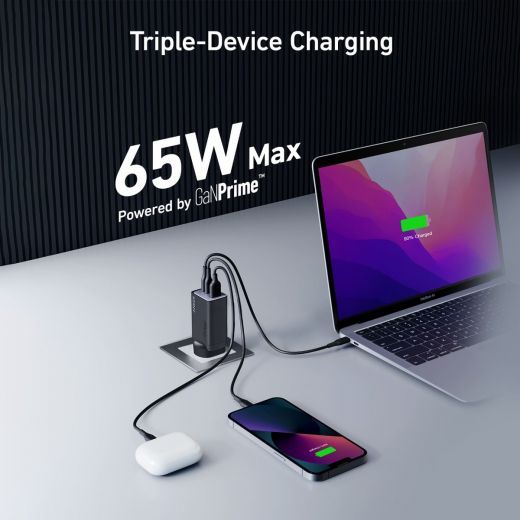 Anker Ganprime 65W 3-Port Fast Wall Charger with USB-C to USB-C Cable - Compact PD Charger for iPhone 15, MacBook, iPad, Samsung Galaxy - Perfect for Travel, Home & Office Use
