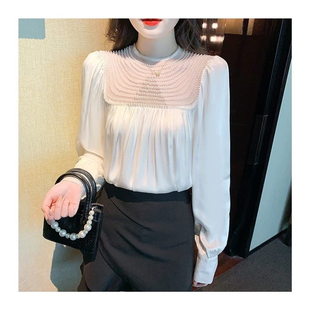 Elegant White Chiffon Long Sleeve Beaded O-Neck Blouse for Women - Size S | Perfect for Office Wear, Parties & Special Occasions