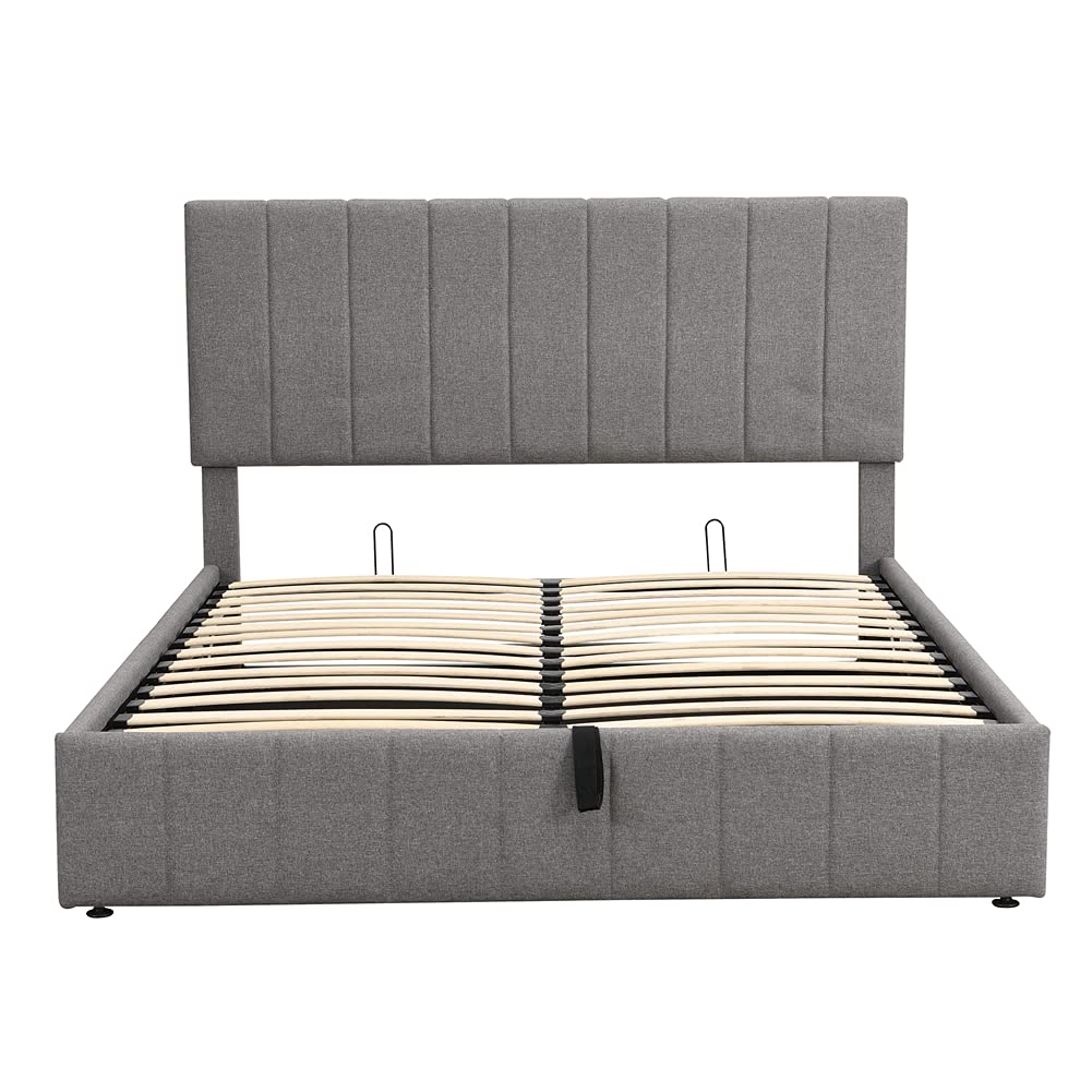 **Queen Size Wooden Upholstered Platform Bed with Hydraulic Storage System & Linen Fabric Headboard - Modern Gray Bed Frame for Bedroom, Guest Room, or Small Space**