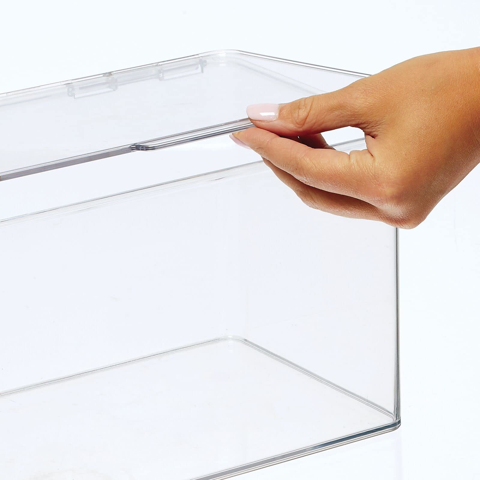 mDesign Clear Plastic Bathroom Storage Box with Hinged Lid - Stackable Organizer for Soap, Shampoo, Lotion, Towels & Hair Accessories - 4 Pack - Perfect for Shower, Vanity & Closet Organization (Lumiere Collection)