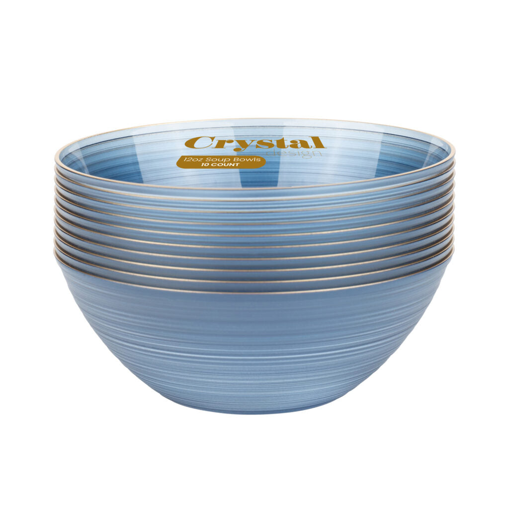 12 oz. Blue Transparent and Gold Round Soup Bowls - Set of 10, Crystal Design - Elegant Serving Bowls for Soup, Salad, Dessert, and Party Dishes