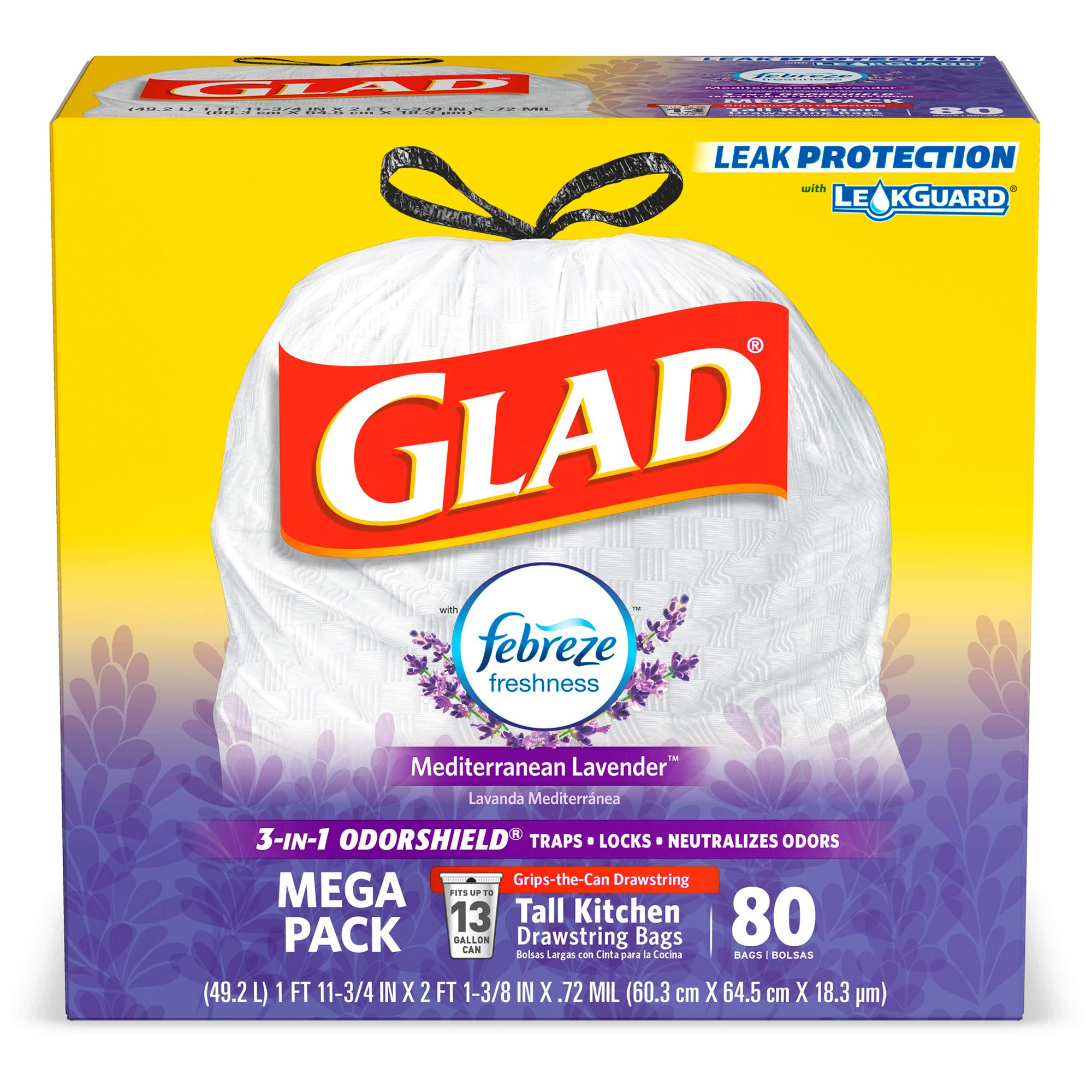 Glad OdorShield Tall Kitchen Drawstring Trash Bags - 13 Gallon, 80 Count, Strong Leakproof Garbage Bags for Home, Office & Outdoor Use